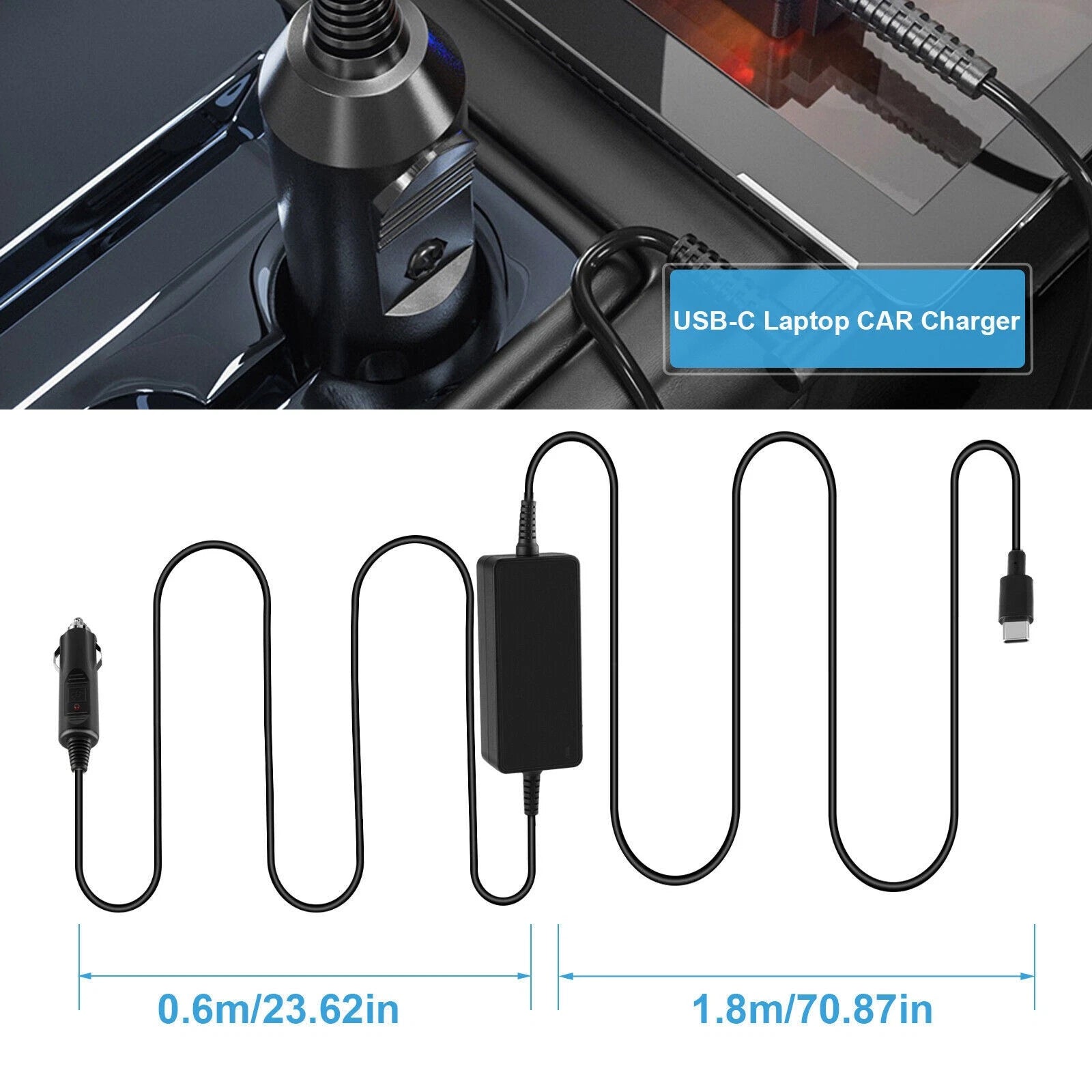 90W USB-C/Type-C CAR Power Adapter Laptop Charger For Macbook Dell Lenovo HP