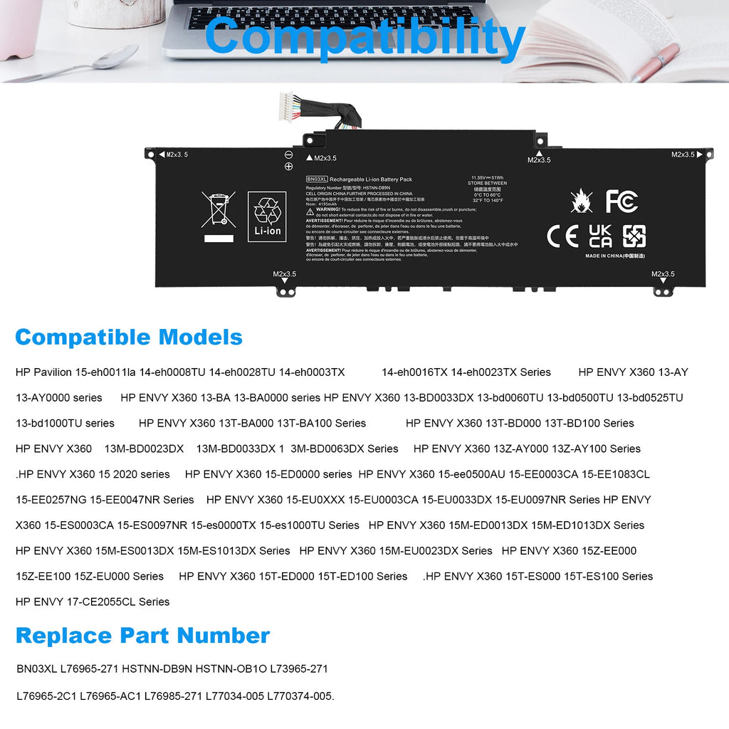 For HP Envy Battery BN03XL 13m-bd0023dx 11.55V 51Wh L77034-005 L76965-271