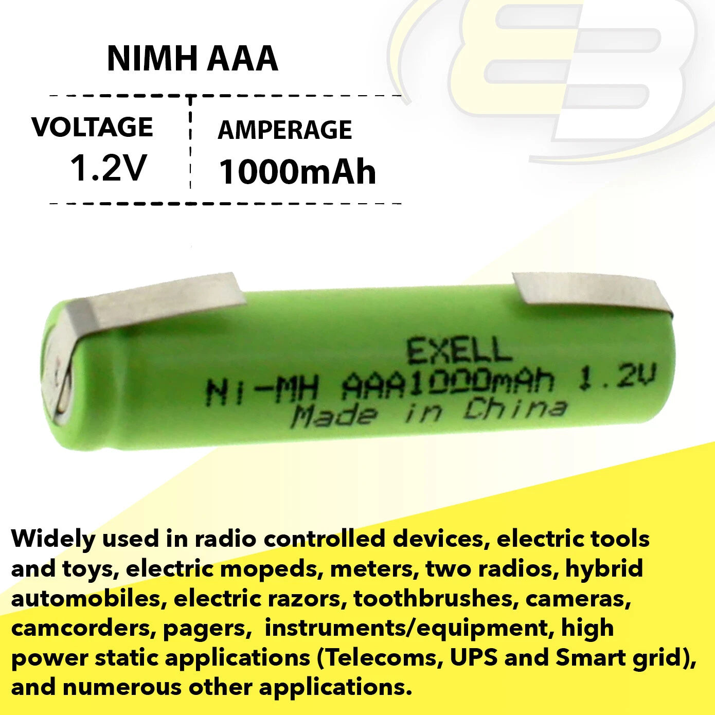 Exell 1.2-Volt Nickel-Metal Hydride Rechargeable Battery with Tabs AAA 1000 mAh