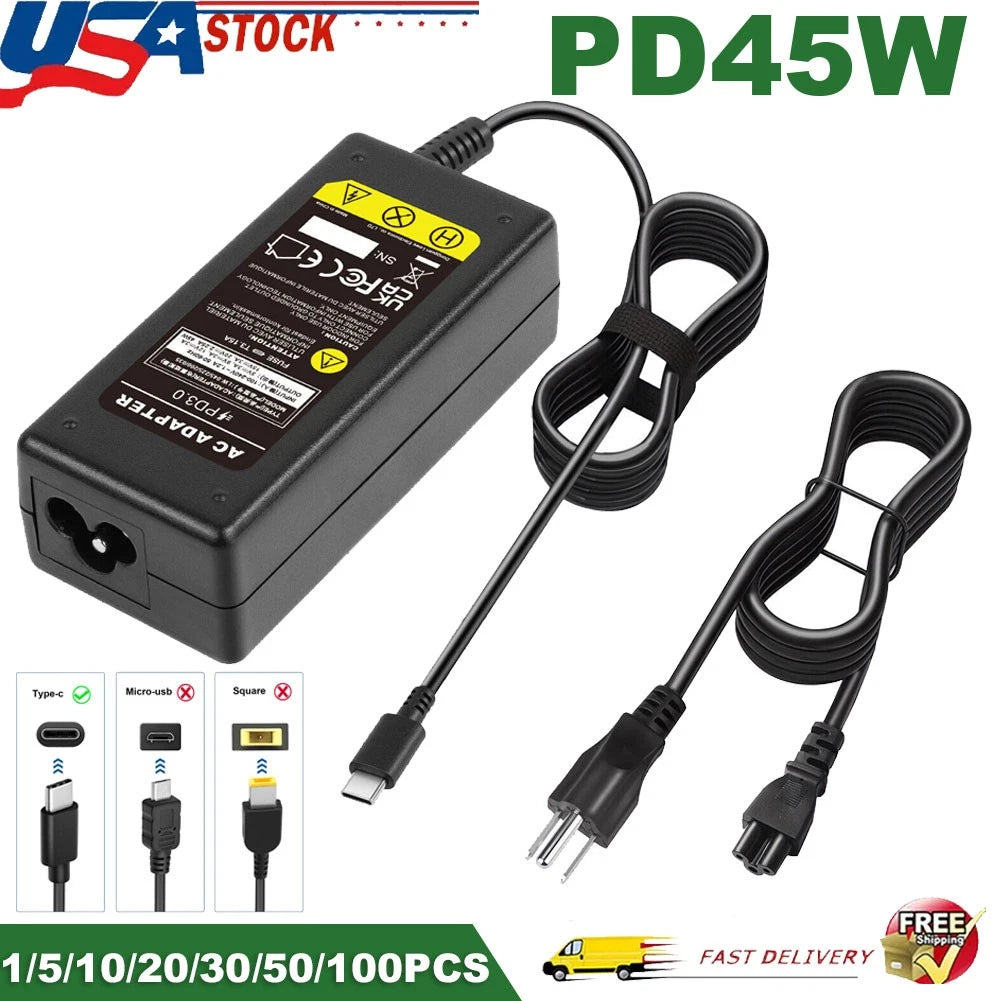 Lot 45W USB-C Adapter Laptop Charger For HP Chromebook Lenovo ThinkPad Yoga