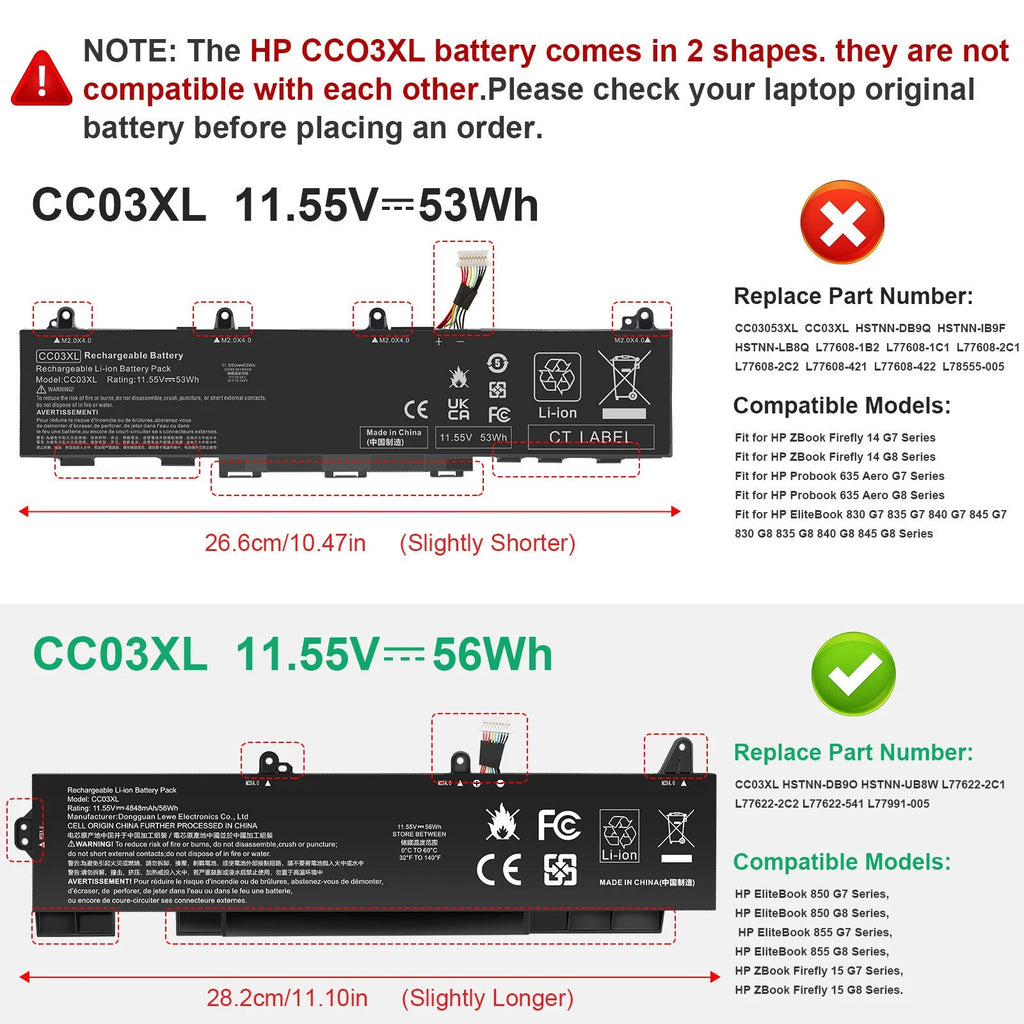 CC03XL BATTERY FOR HP ELITEBOOK 850 G7 G8,855 G7 G8 56WH L77622-2C1 L77991-005