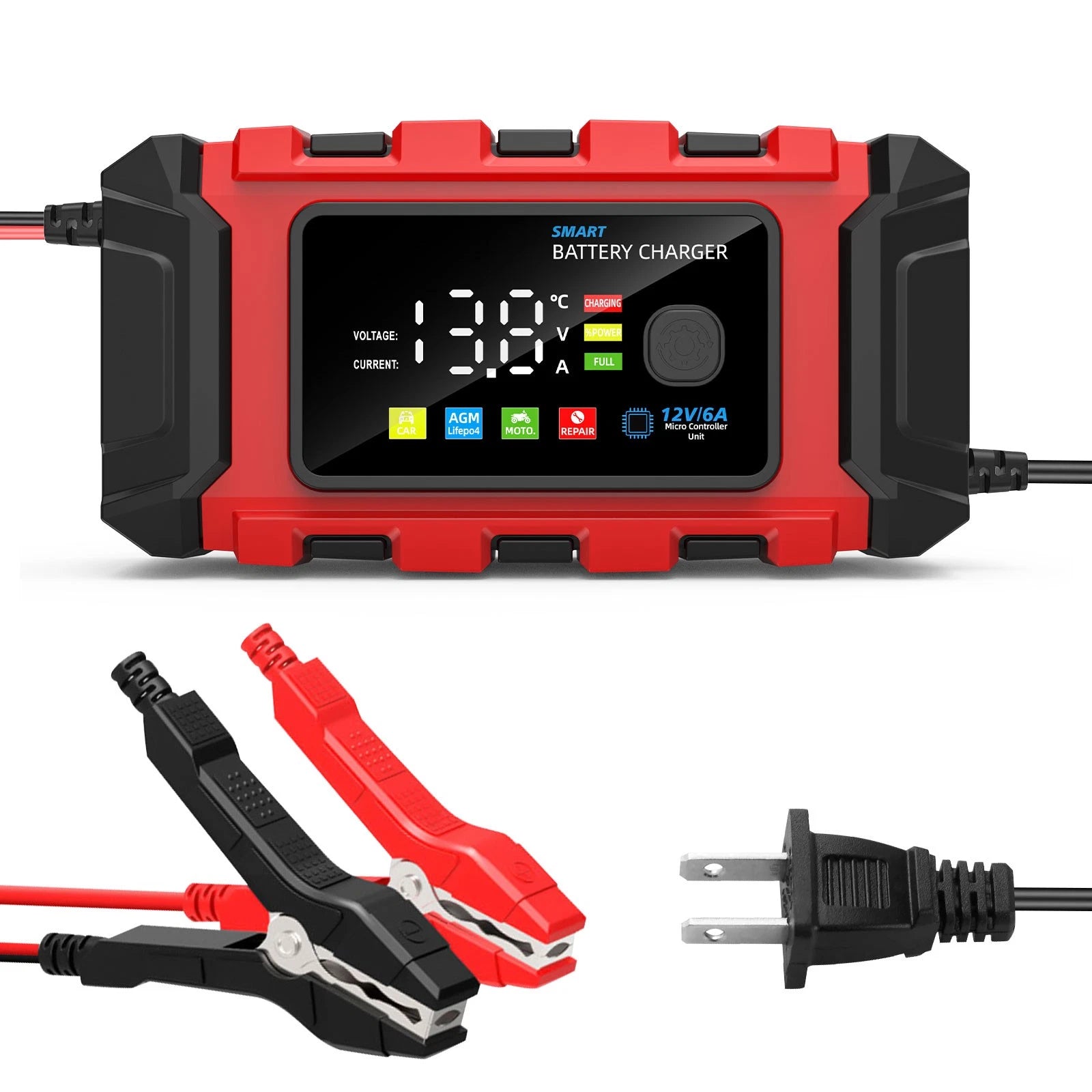 12V 6A Car Battery Charger LiFePo4 Fast Charger Automatic Smart Pulse Repair AGM