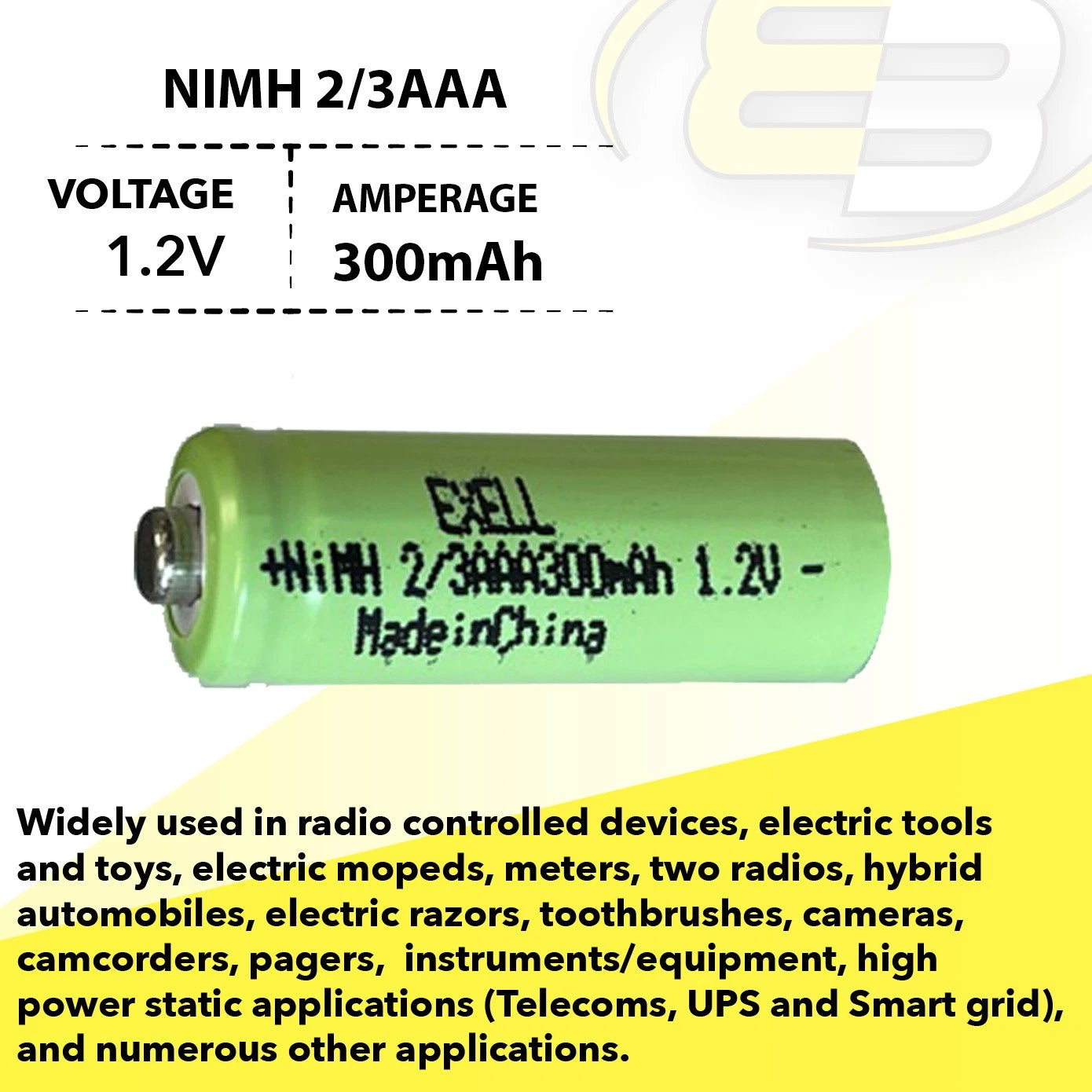 10X Exell 1.2V 2/3AAA 300mAh NiMH Rechargeable Button Top Battery