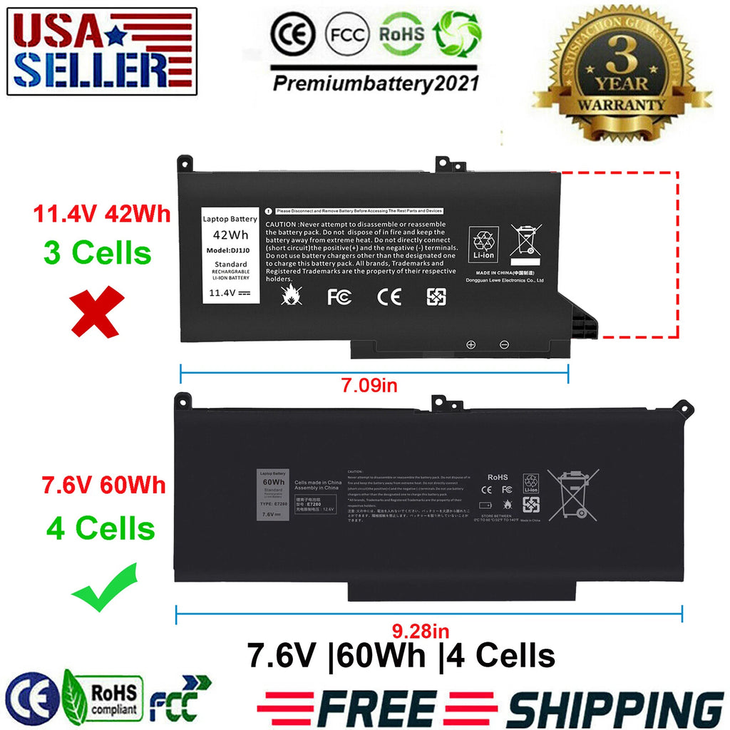 F3YGT Battery for Dell Latitude 12/13/14 E7280 E7290 E7380 E7390 E7480 E7490 US
