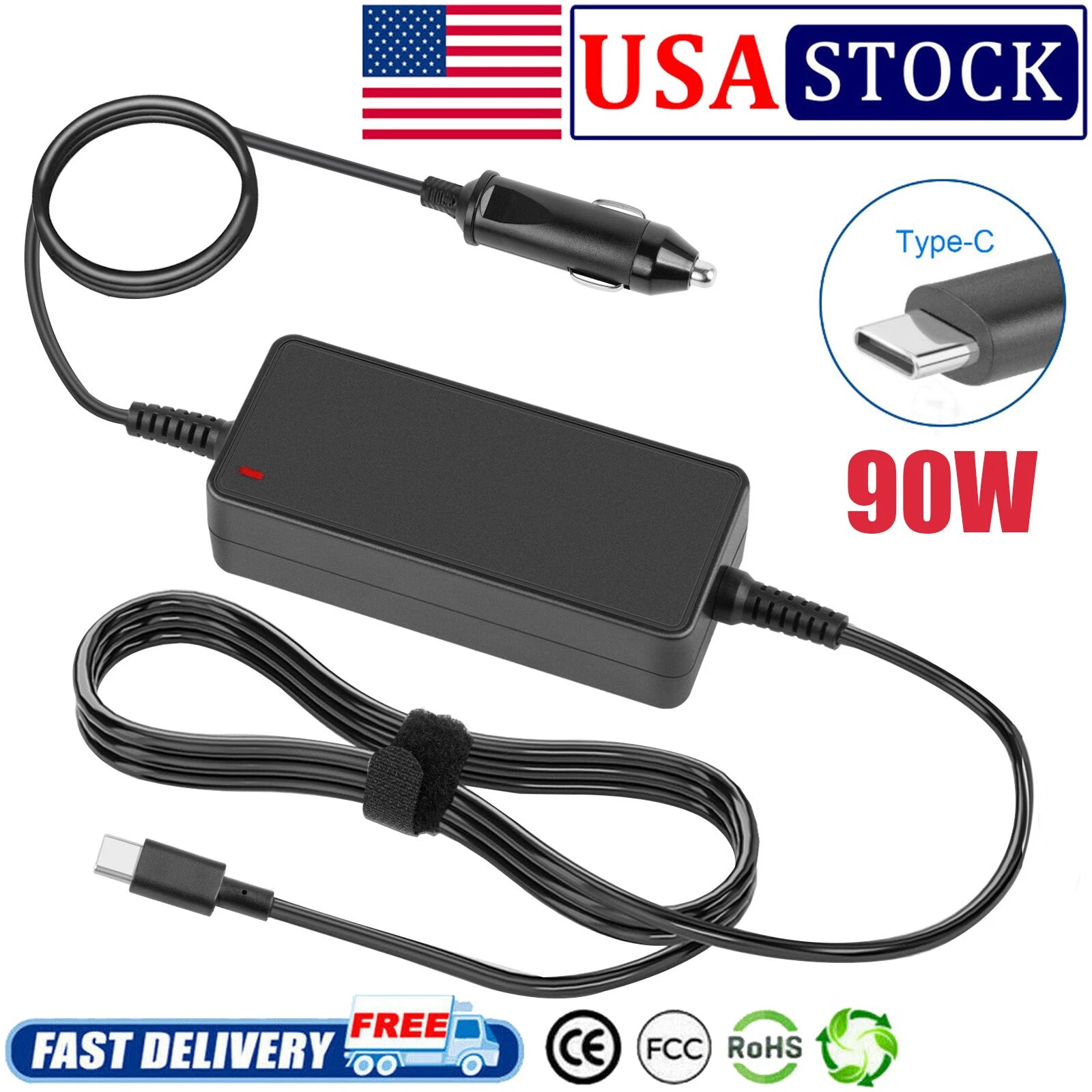 90W USB-C Vehicle Travel Car Charger Adapter for Dell HP Lenovo Yoga Computer US