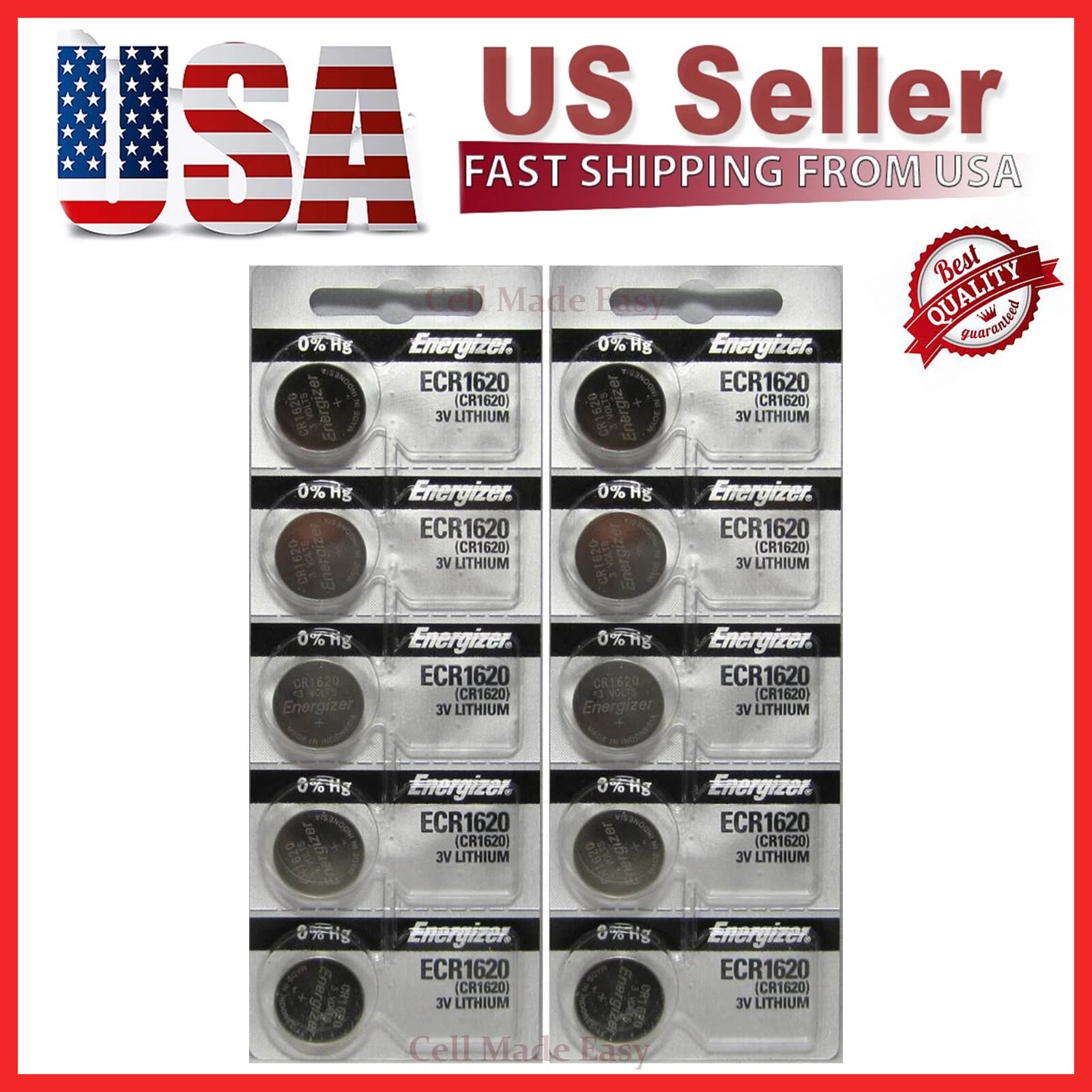 10 Piece Fresh Stock Energizer CR1620 BATTERY 3V LITHIUM CR 1620 DL1620 BR1620