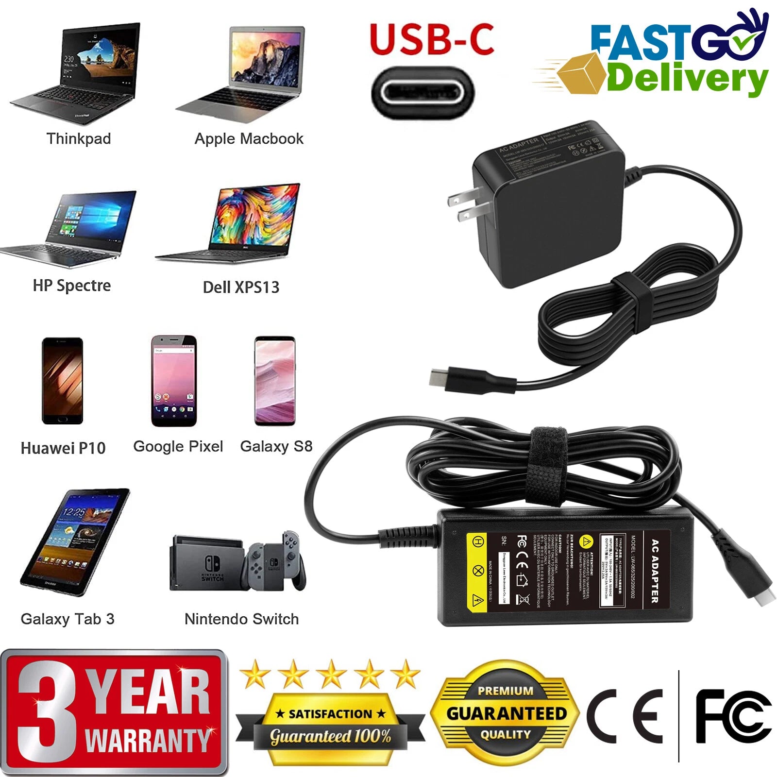 Type-C Charger for Mac Book Pro Dell Latitude Lenovo HP Spectre Acer Chromebook