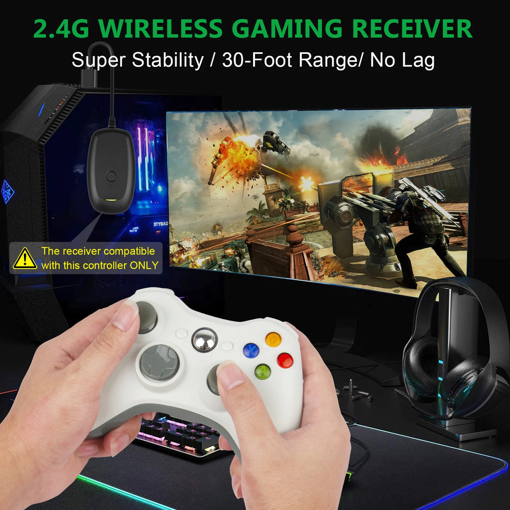 Wireless Controller for PC Windows & Microsoft Xbox 360 USB Dual Vibration White