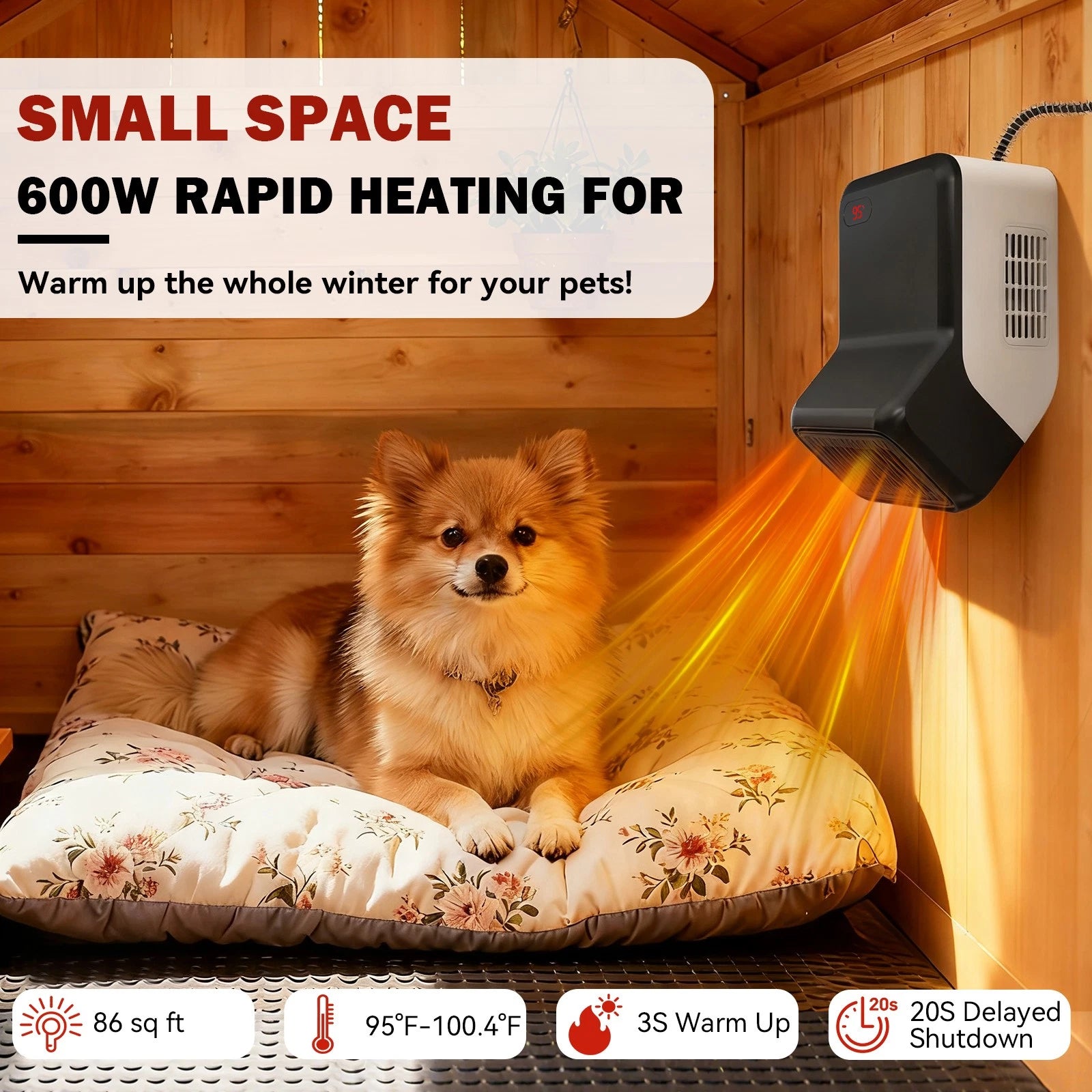 Dog House Heater With Thermostat,300/600W Pet Heater w/ Safe Overheat Protection