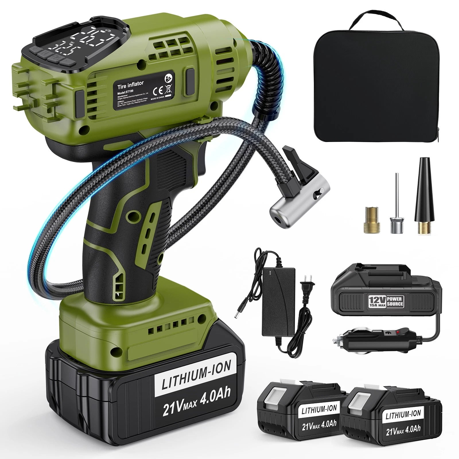Cordless Tyre Inflator Air Compressor 21V Rechargeable Battery Digital Tyre Pump