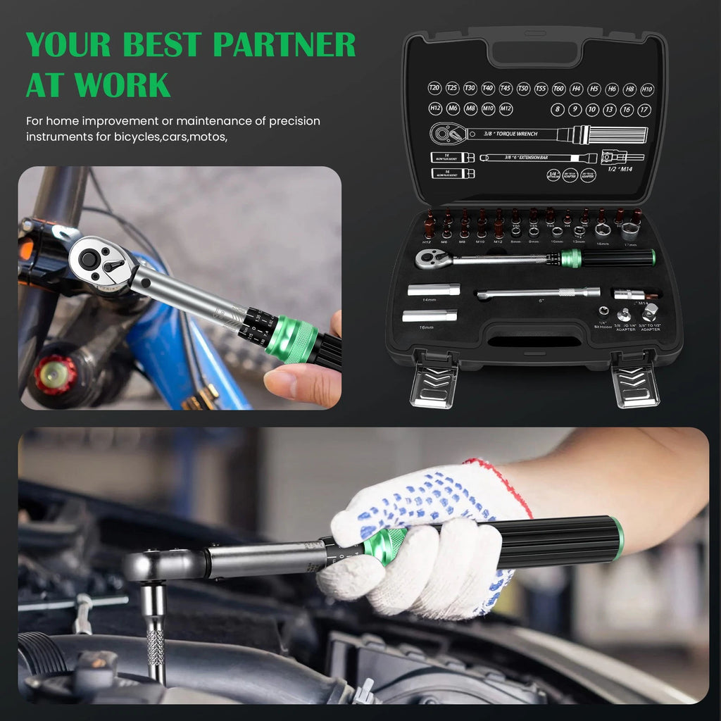 32pcs Torque Wrench Set 3/8-Inch Drive Click Torque Wrenches w/Adapters 1/4 1/2