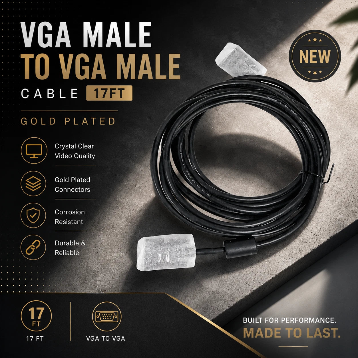 NEW Brand 17FT VGA SVGA Male to Male Monitor Cable for PC Projector