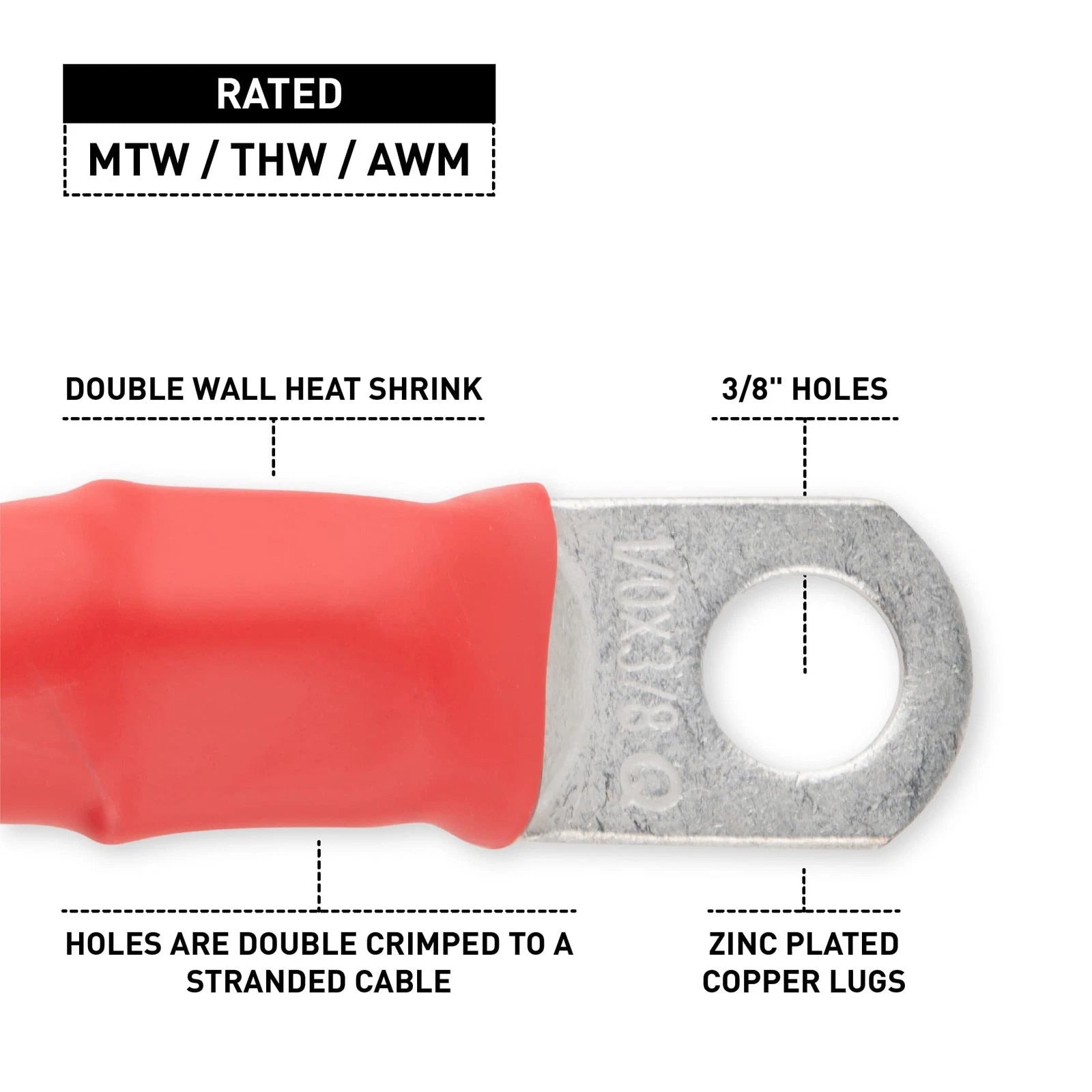 1/0 Red Battery Interconnect Cable 12" with 3/8" Lugs ASSEMBLED IN USA