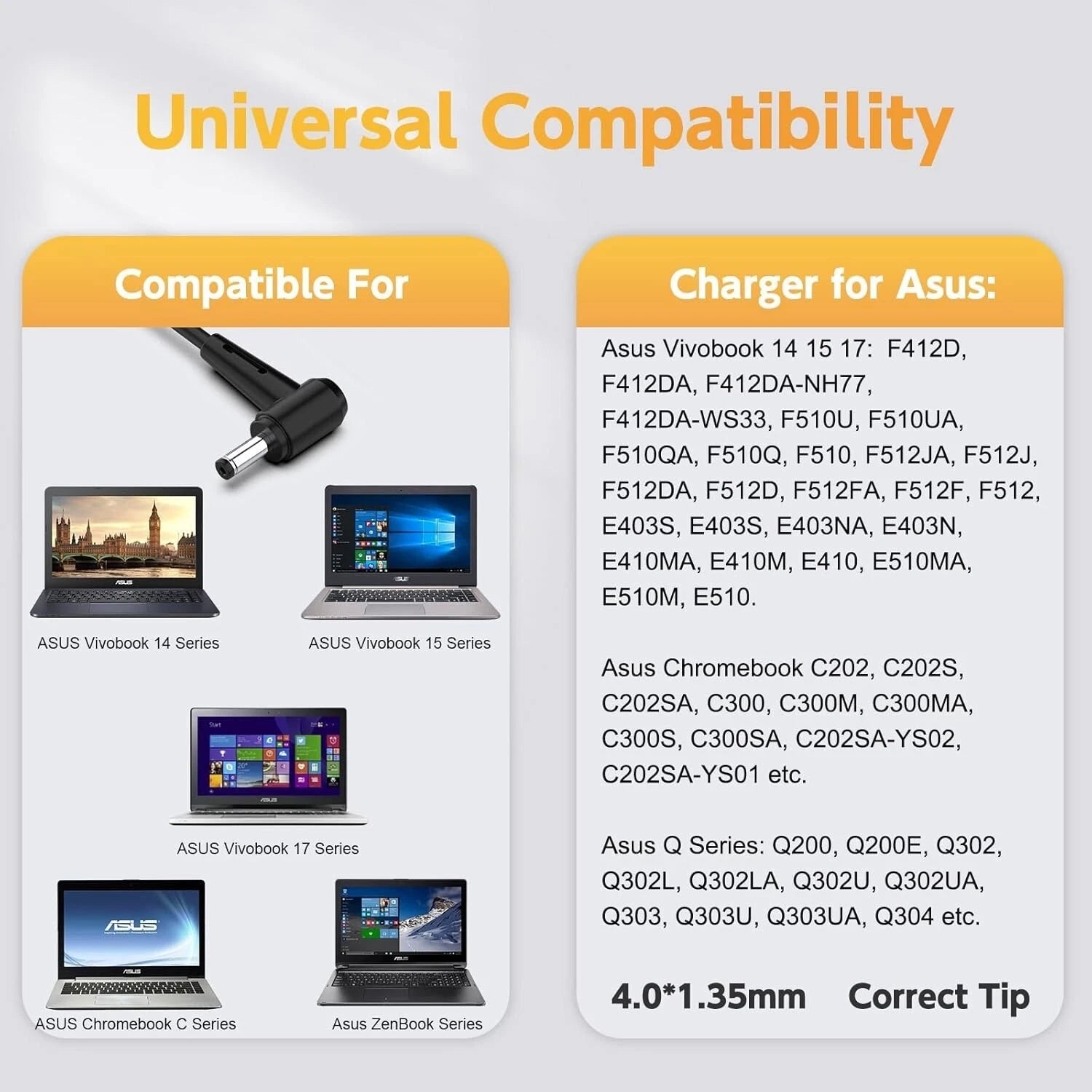 45W Laptop Charger for Asus Vivobook 14 15 17 F415 F415E F510U F510UA F512JA