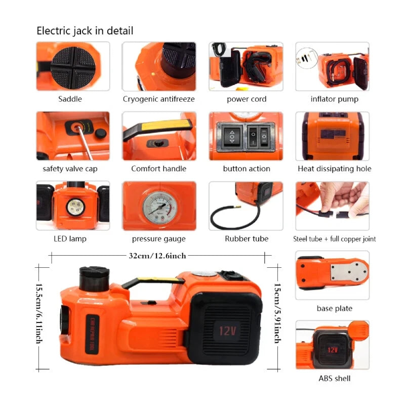 12V 5Ton Car Electric Hydraulic Floor Jack Tire Inflator Pump LED Flashlight US