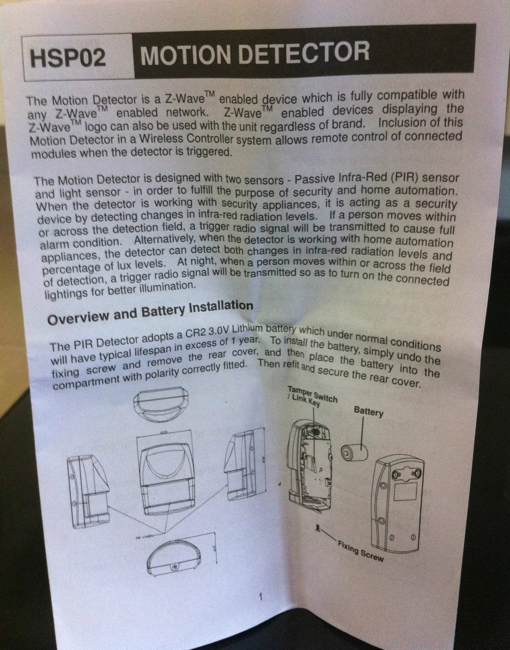 Brand New Everspring HSP02 Wireless Z-wave Motion Detector ZWave PIR, Battery in