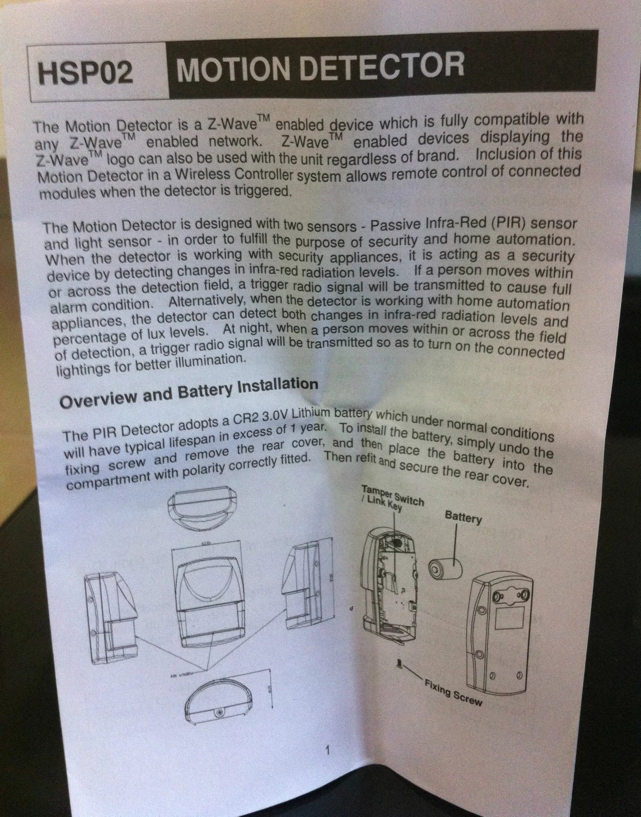 Brand New Everspring HSP02 Wireless Z-wave Motion Detector ZWave PIR, Battery in