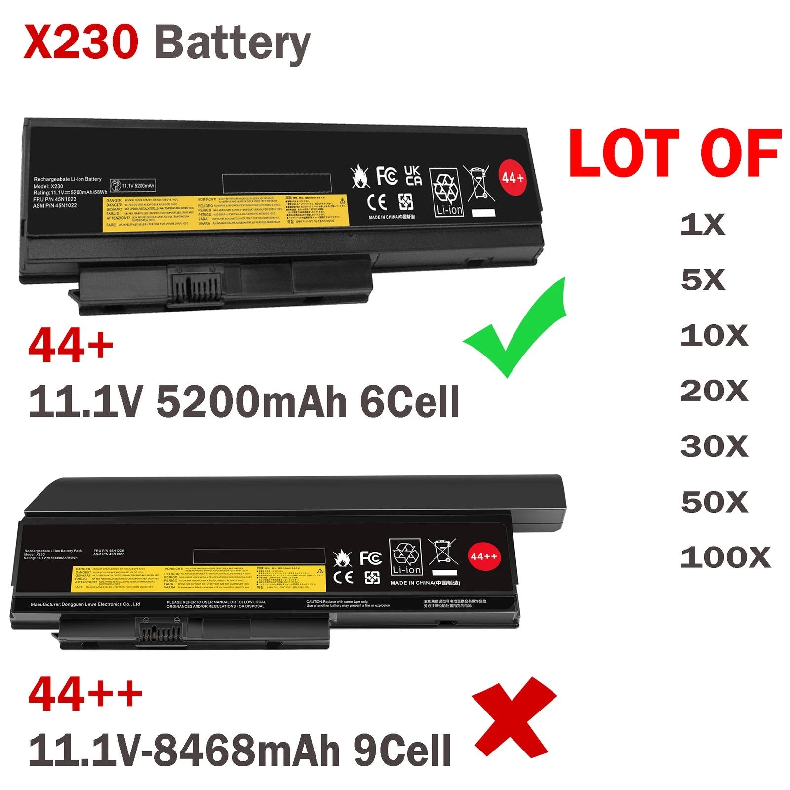 LOT 44+ Battery For Lenovo ThinkPad X220 X230 X230i 45N1026 45N1028 5200mAh 6Cel
