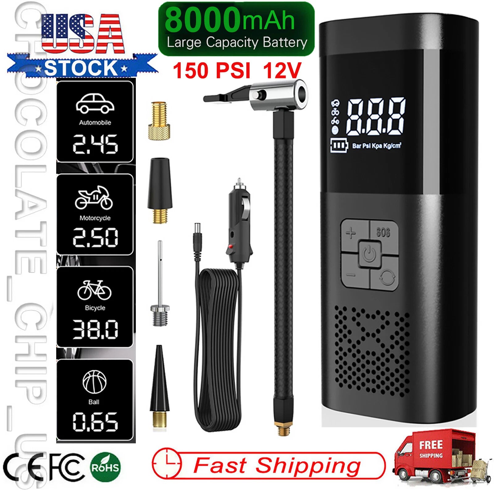 Wireless 150PSI Air Compressor Tire Inflator Fits Car Moto Bike Tires Air Pump