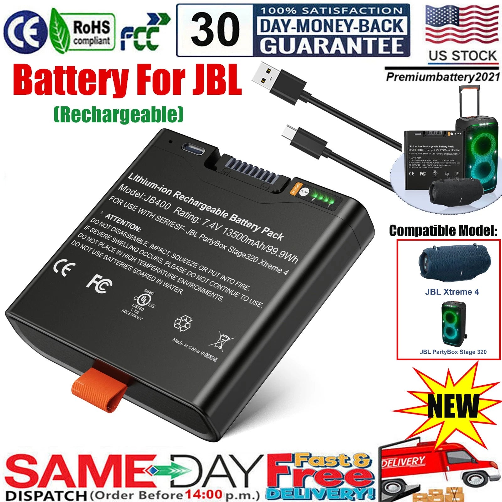 ?For JBL Battery 400 Replaceable Battery PartyBox Stage 320 & Xtreme 4 99.9Wh