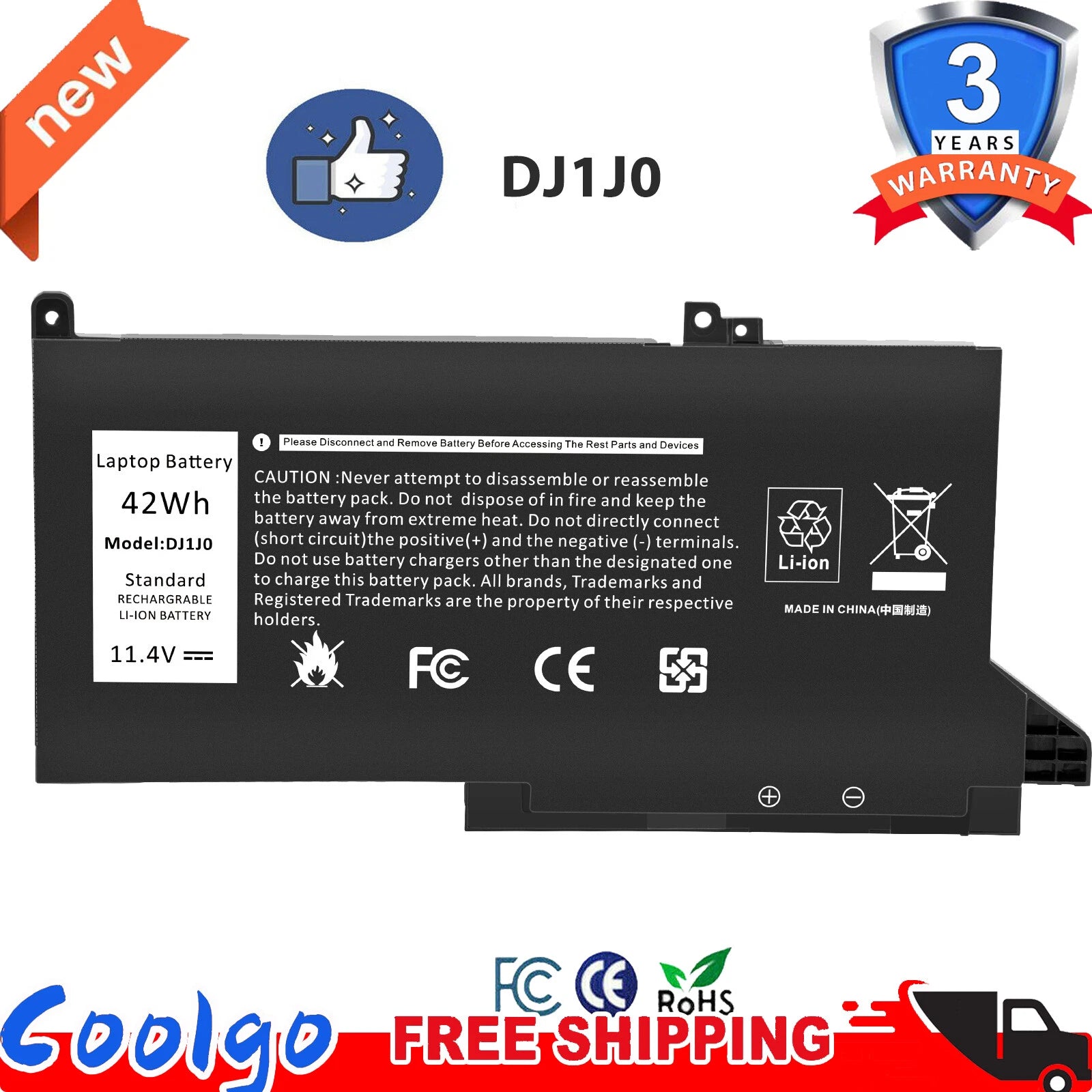 DJ1J0 PGFX4 ONFOH Battery For Dell Latitude E7280 E7290 E7380 E7390 E7480 E7490