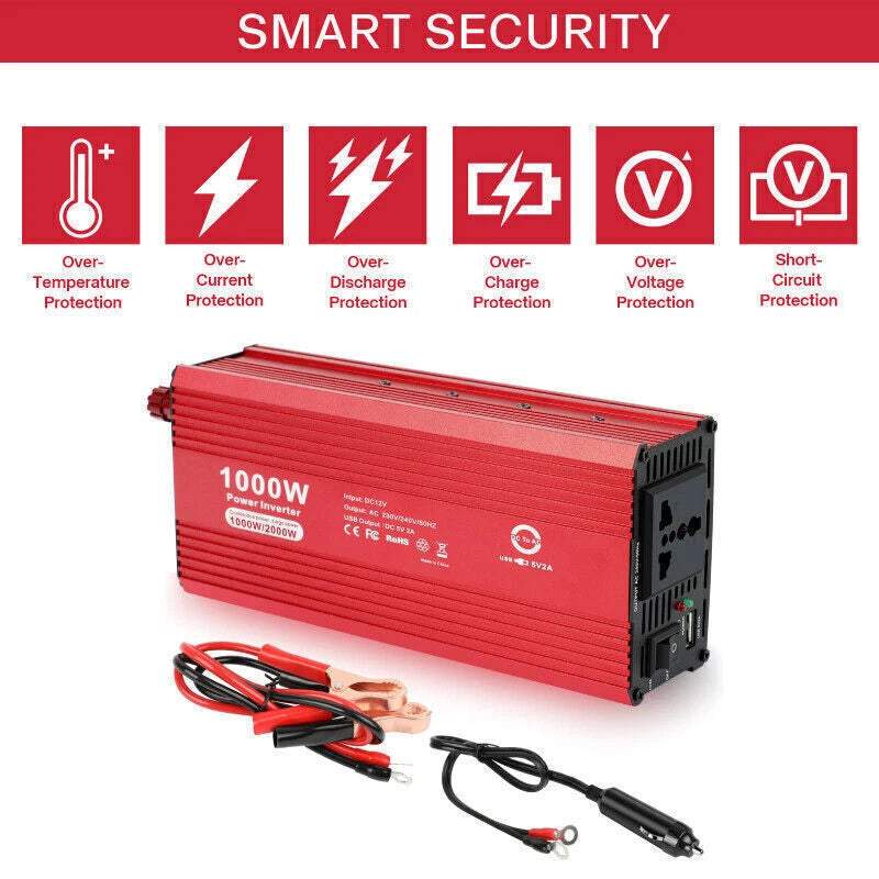 1000W/2000watt Car Power Inverter Laptop Phone Charger DC 12V to 110V AC Adapter