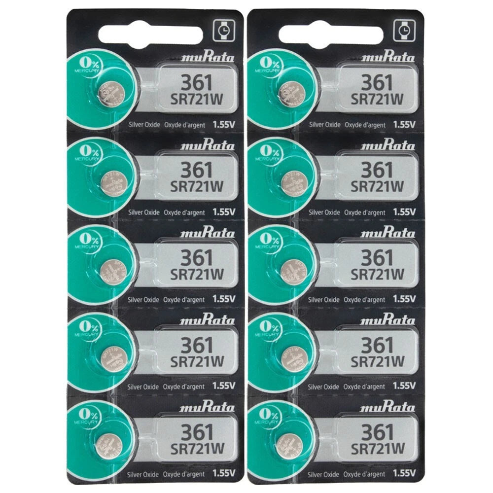 Murata Silver Oxide 361 SR721W 1.55V Battery - Replaces Sony, 10 Pack