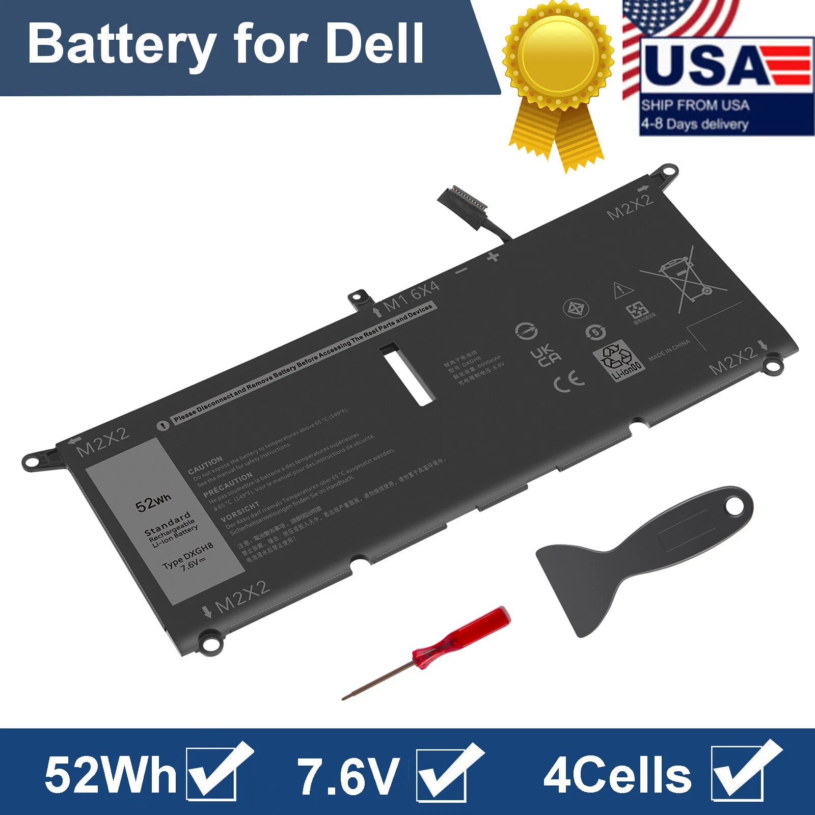 DXGH8 Battery for DELL XPS 13 9370 9380 Inspiron 13 7390 7391 P82G001 P82G002