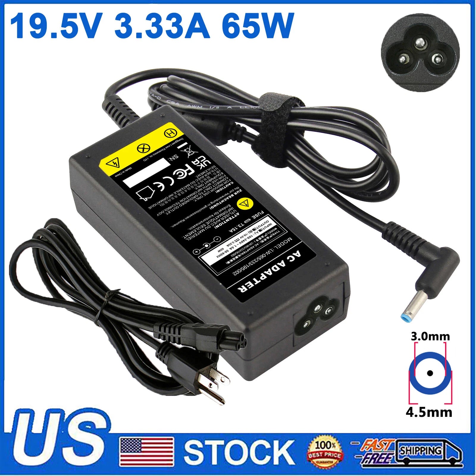 65W AC Adapter Charger blue tip 19.5V 3.33A For HP Pavilion 710412-001 4.5*3.0mm