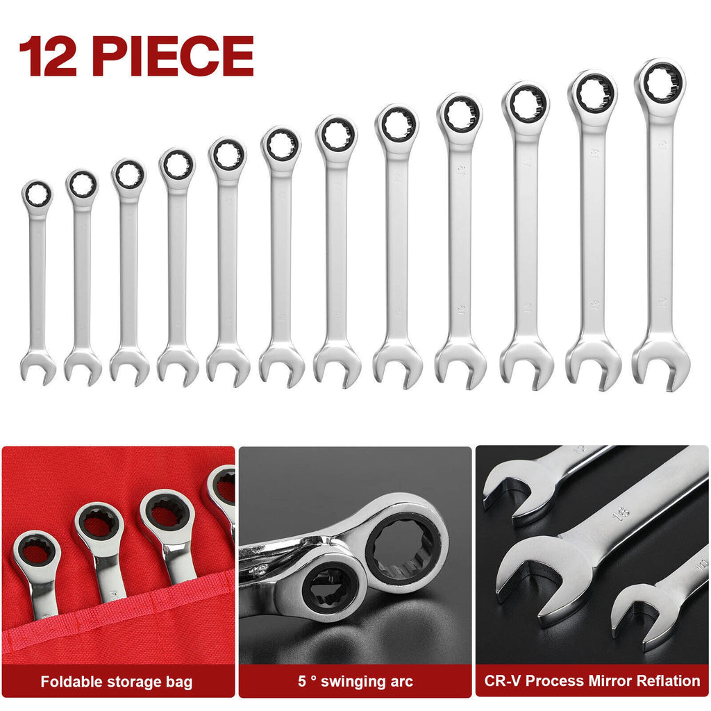 ?12pc 8-19mm Ratcheting Wrench Metric Fixed Head Combination Spanner Tool 2026