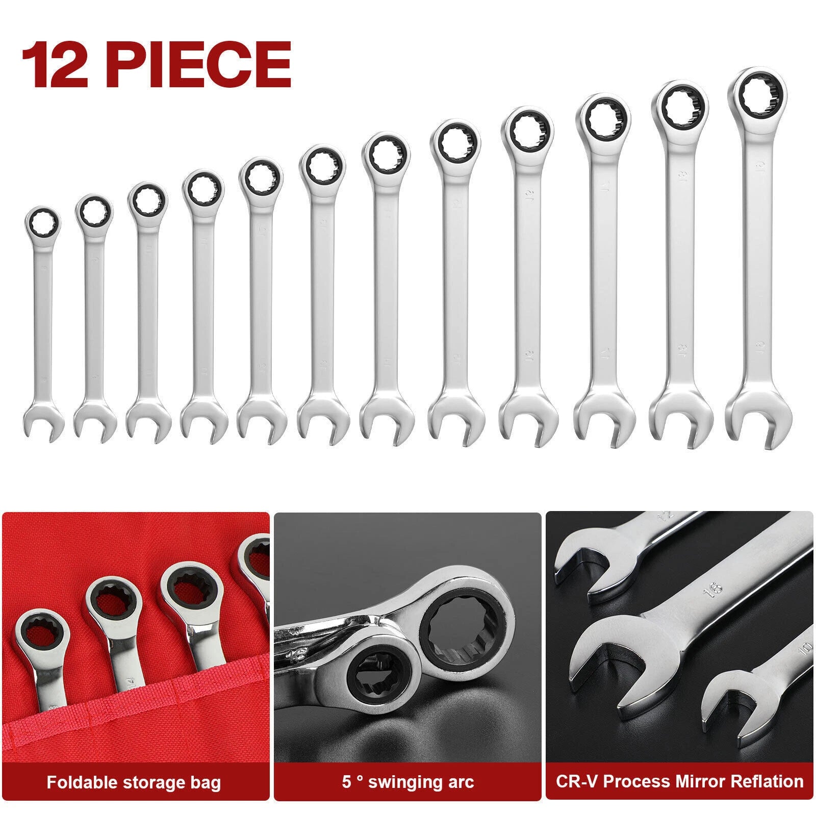 ?12pc 8-19mm Ratcheting Wrench Metric Fixed Head Combination Spanner Tool 2026