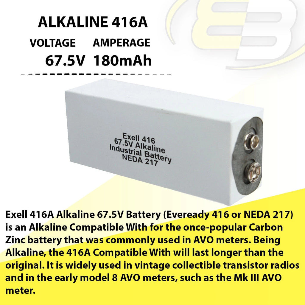 Exell 416A Alkaline 67.5V 180mAh Battery NEDA 217 Compatible With A416,ER-416