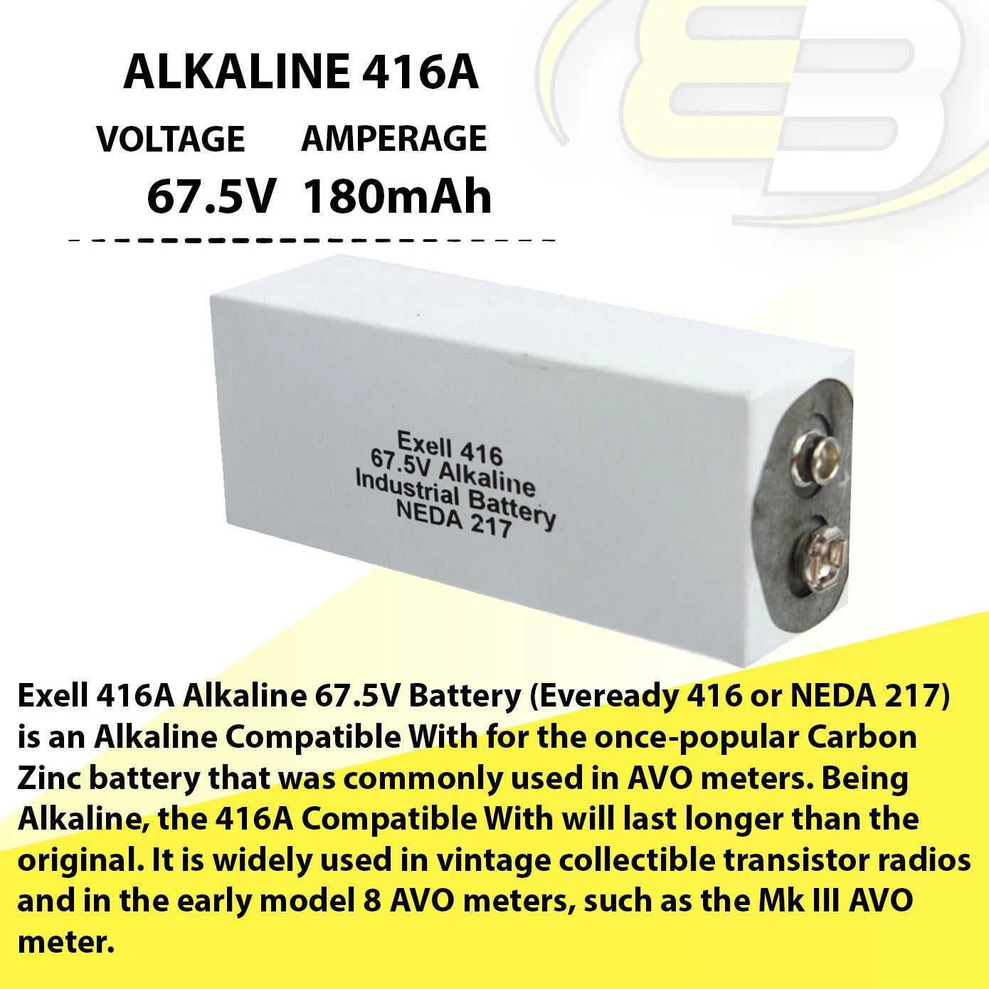 Exell 416A Alkaline 67.5V 180mAh Battery NEDA 217 Compatible With A416,ER-416