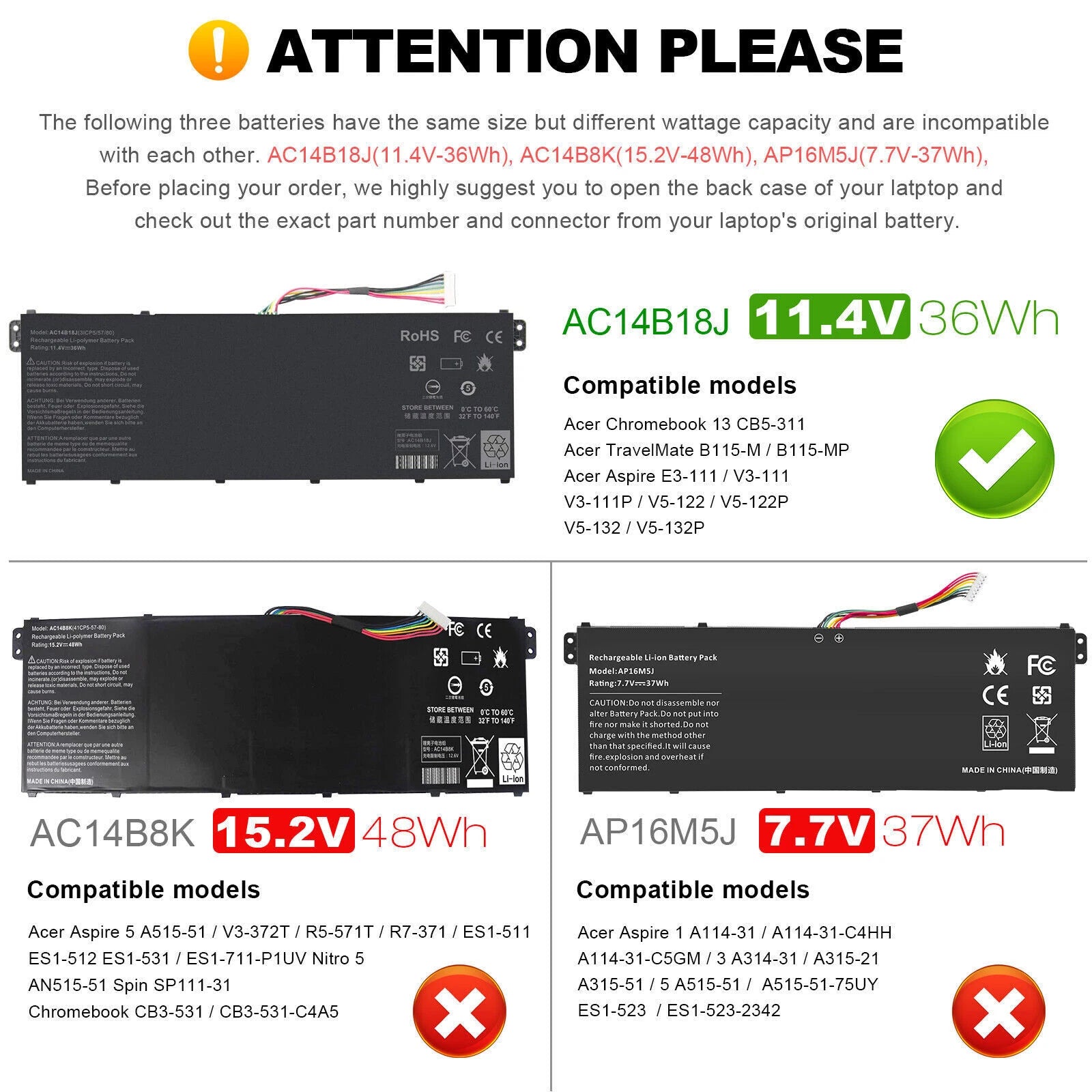 AC14B18J AC14B8K AP16M5J Battery for Acer Aspire 5 A515-51 A515-51G R7-371T/372T
