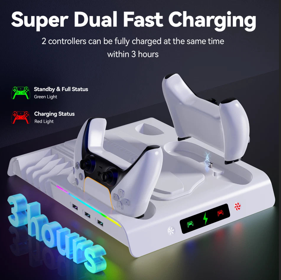 For PS5/PS5 Pro/Slim Stand Cooling Fan with Controller Dual Charging Station