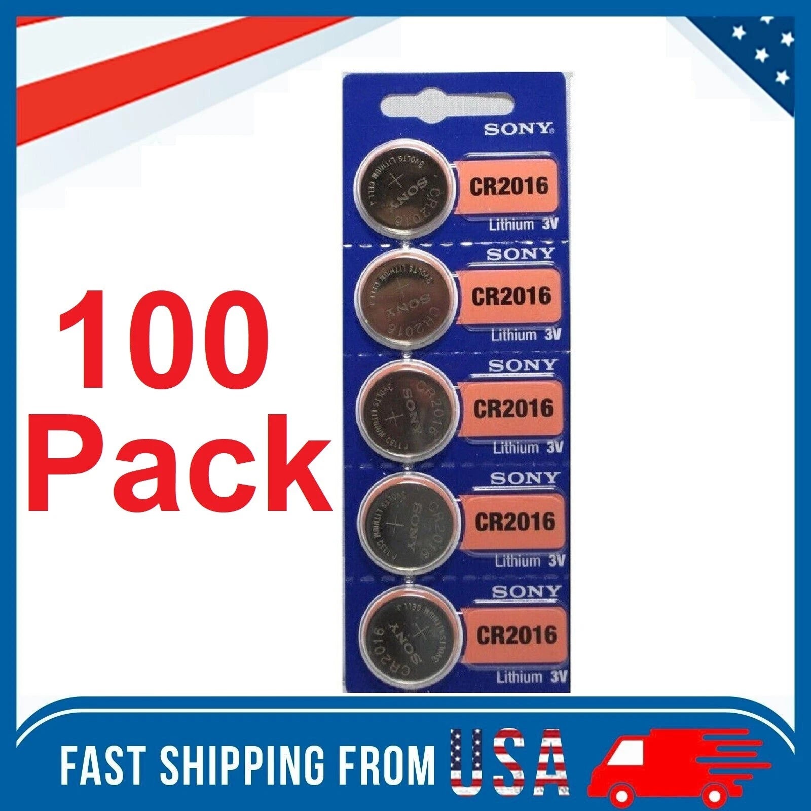 100 Pack Genuine SONY CR2016 Lithium Battery 3V Coin Cell ECR2016 BR2016 DL2016