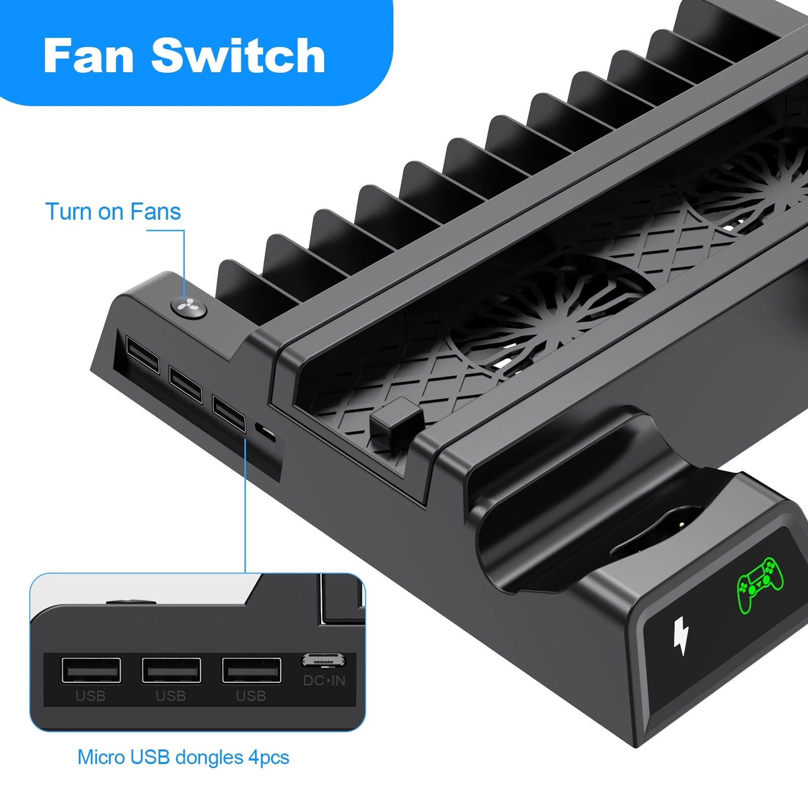 Vertical Stand Cooling Fan PS4 Controller Charging Dock for PS4/PS4 Slim/PS4 Pro