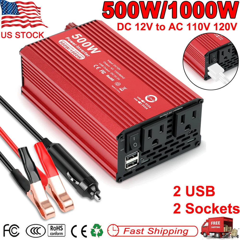 500W 1000W Car Power Inverter DC 12V To AC 110V RV Solar Converter 2 AC Outlets