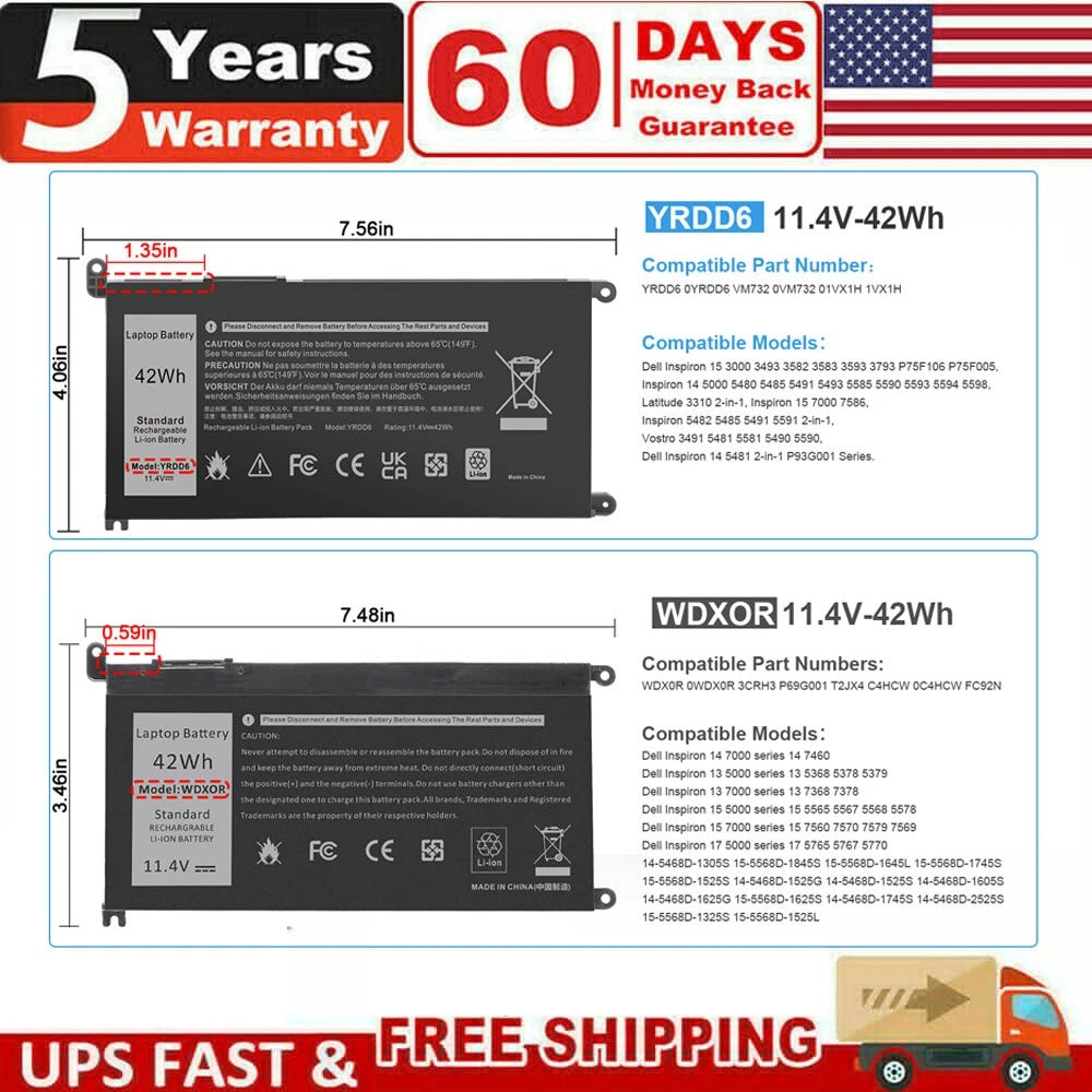 WDX0R 0WDX0R YRDD6 Battery for Dell Inspiron 3493 3582 3583 3593 Latitude 3310