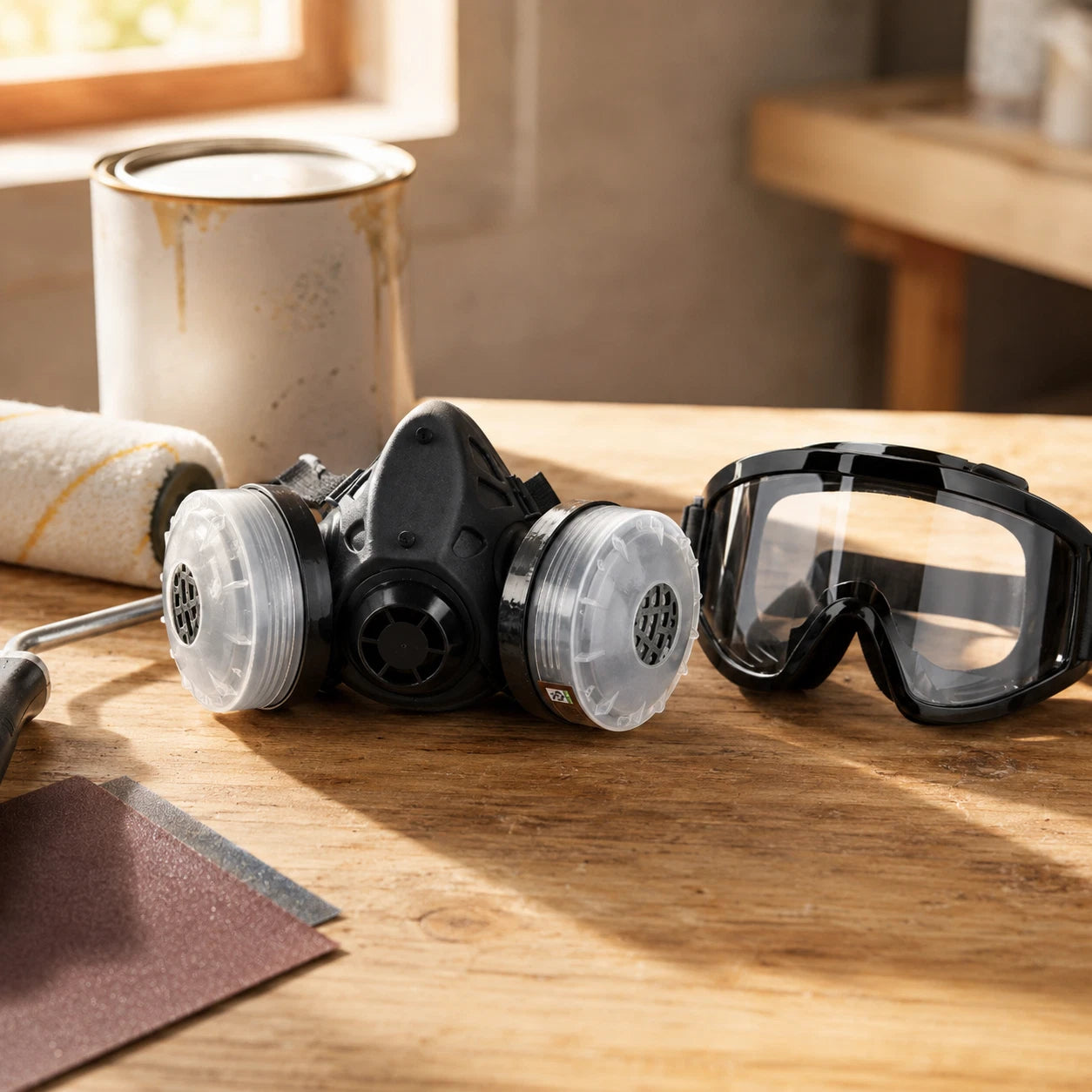 2Pcs Half Face Gas Respirator Mask with Safety Goggles Dual Filter Cartridges