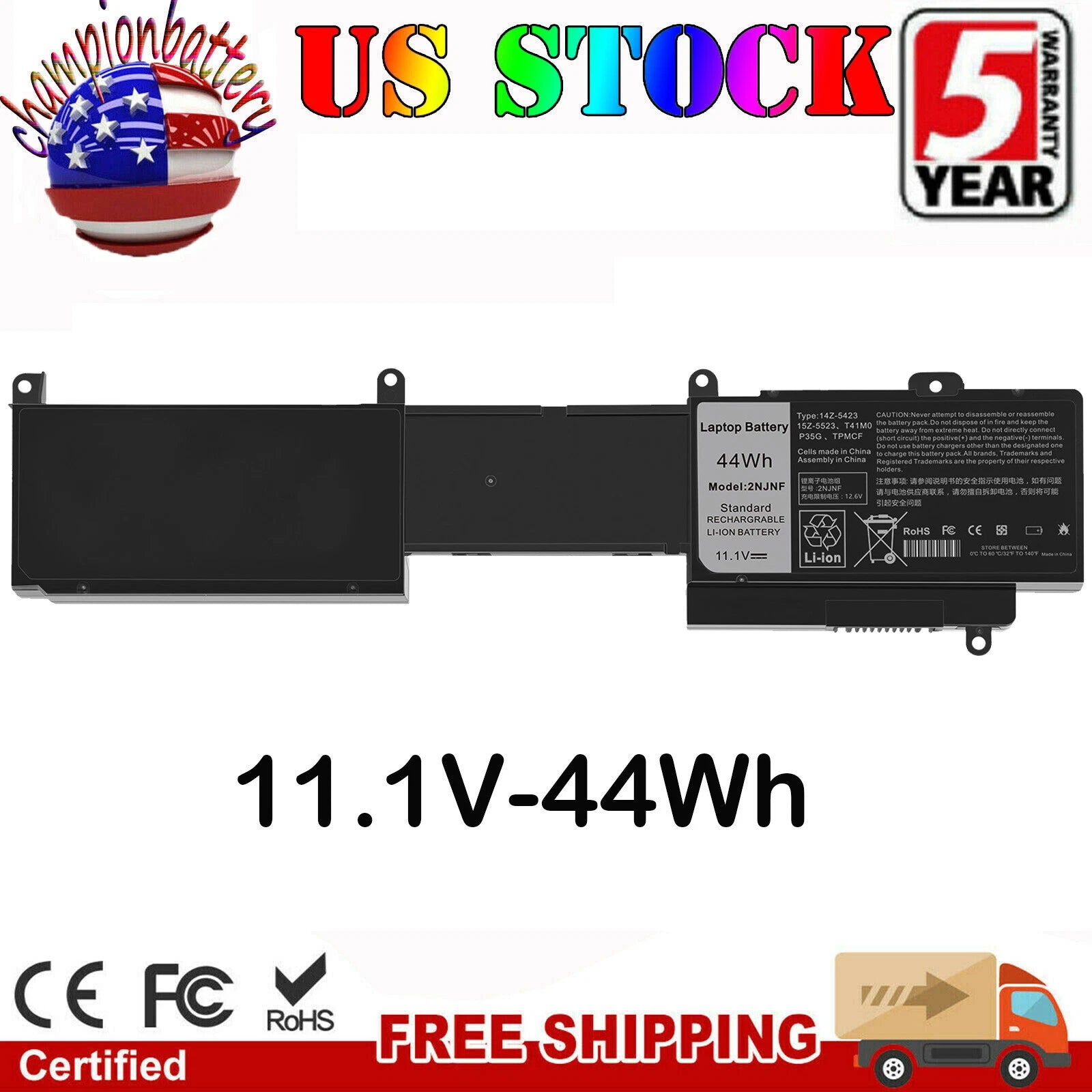 2NJNF Laptop Battery for Dell Inspiron 14z-5423 15z-5523 Ultrabook Series 44Wh