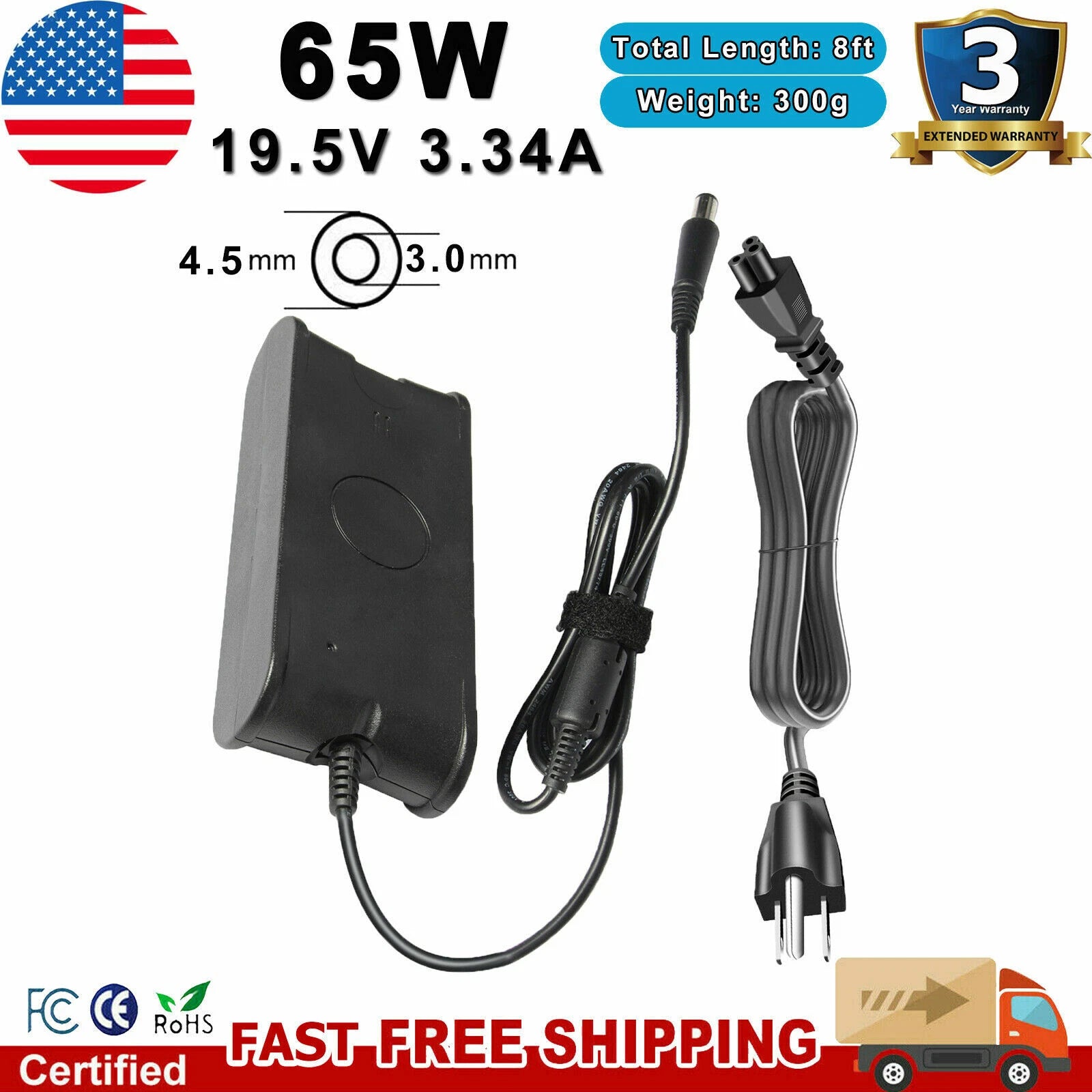 AC Adapter For Dell OptiPlex 7040 D10U001 Micro Desktop 65W Power Supply Cord