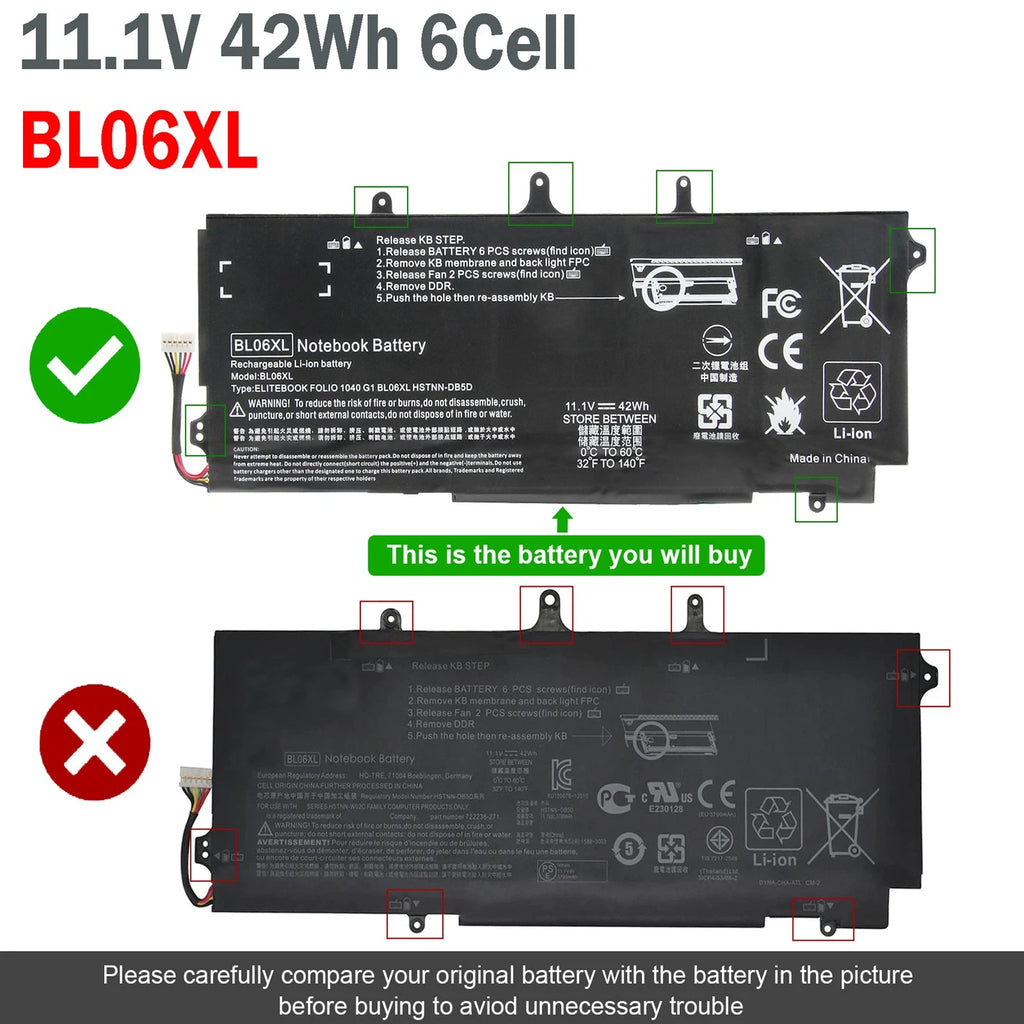 BL06XL Battery For HP EliteBook Folio 1040 G0 G1 G2 722236-171 HSTNN-DB5D 5200mA