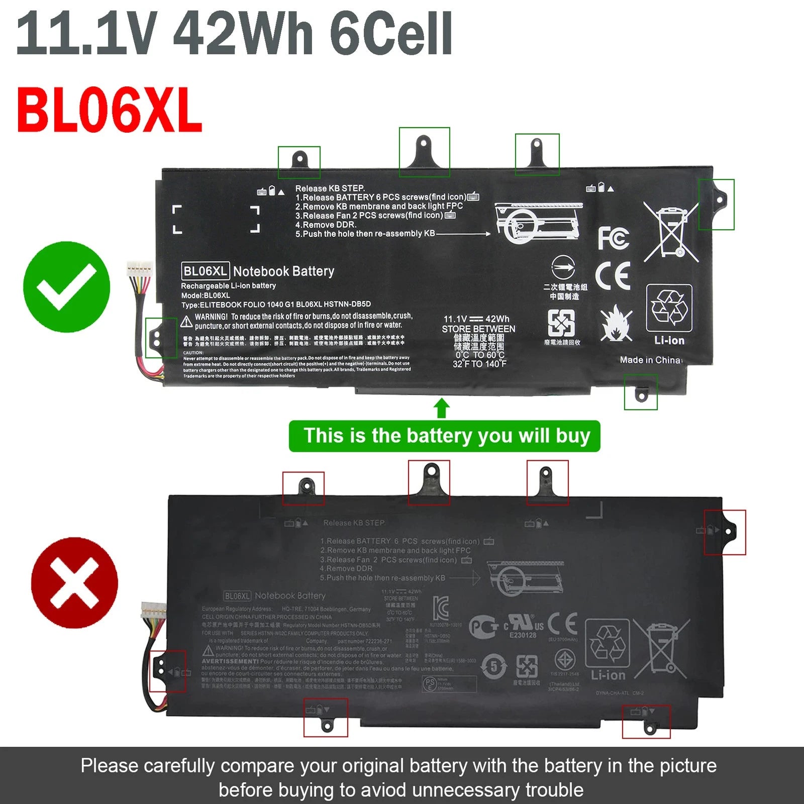 BL06XL Battery For HP EliteBook Folio 1040 G0 G1 G2 722236-171 HSTNN-DB5D 5200mA