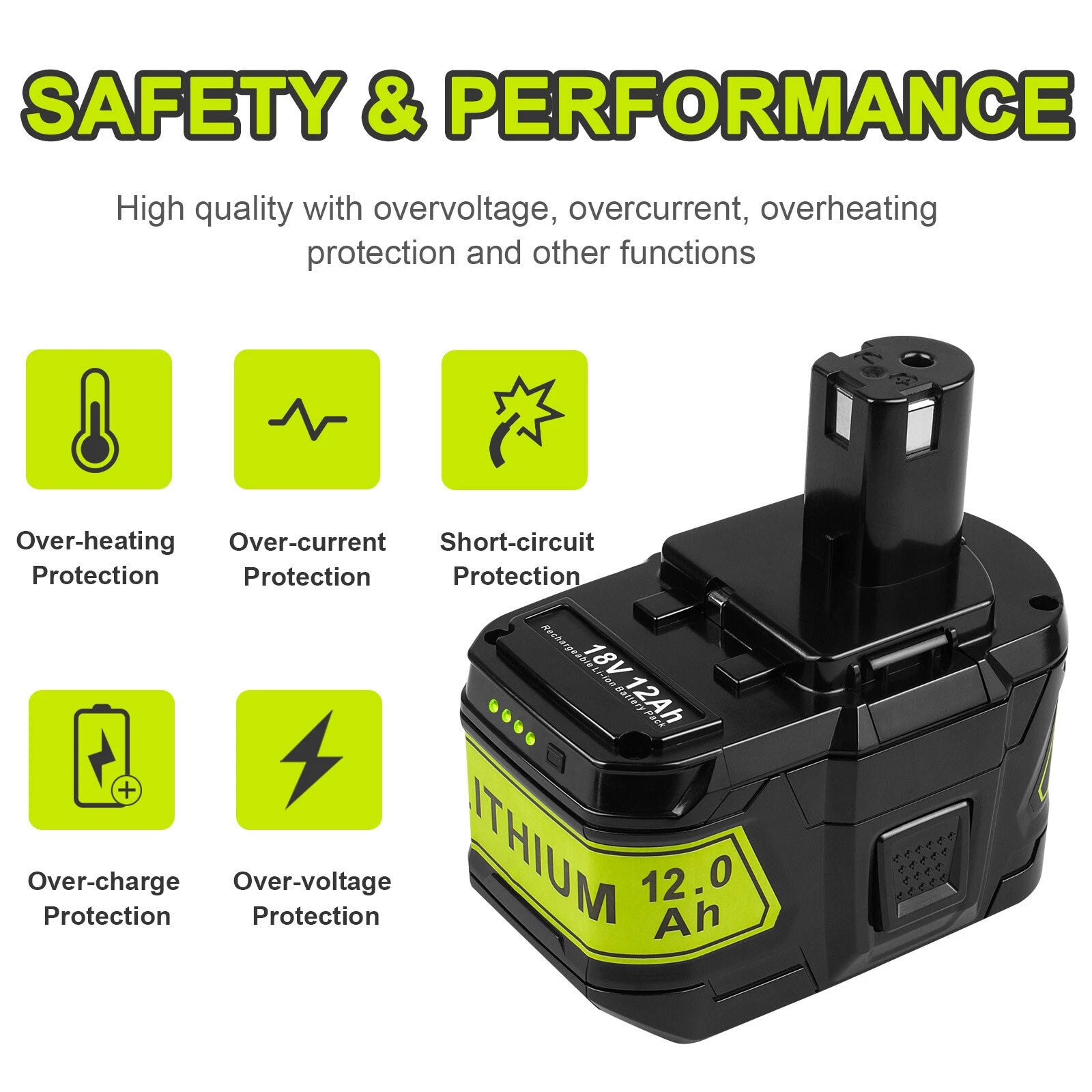12Ah For RYOBI 18V Battery P108 High Capacity 18Volt Lithium-Ion P102 P104 P109