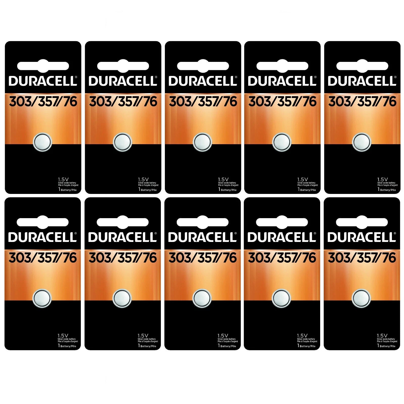10 x 303/357 Duracell Silver Oxide Batteries (AG13, SR44, SR44W, EPX76, 76B)