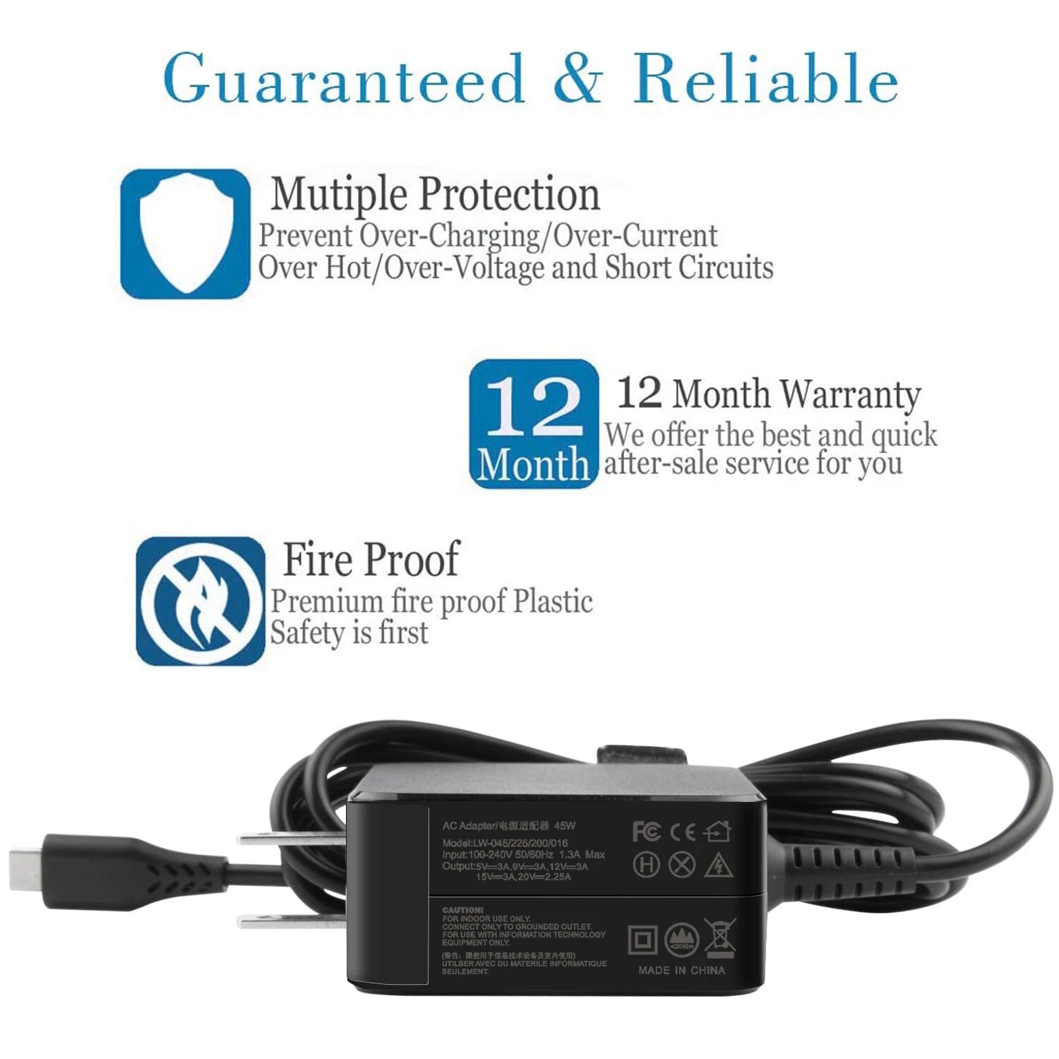45W USB Type-C AC Power Adapter Charger Supply Cord For HP Pro x2 612 G2 Tablet