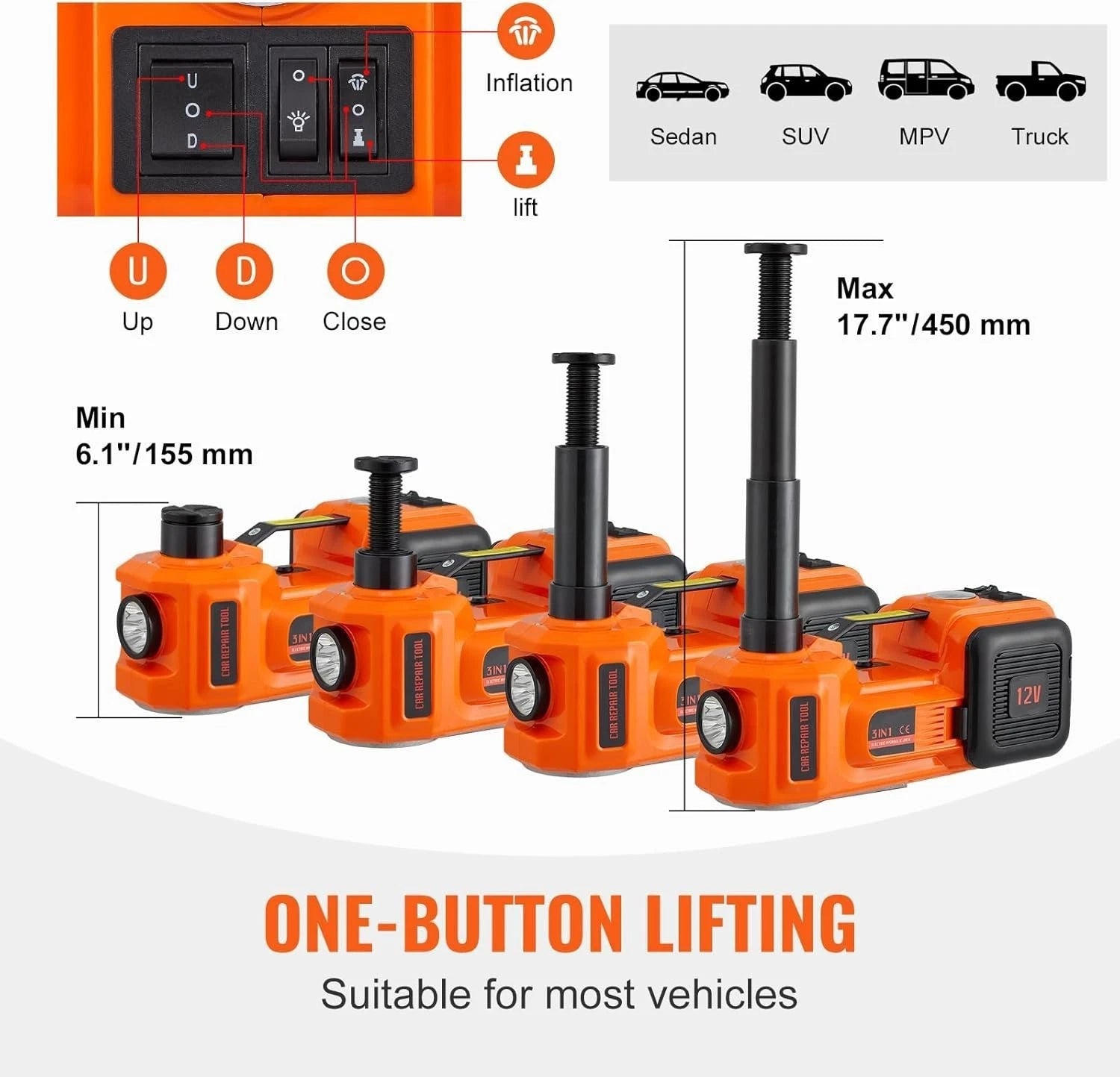 Electric Car Jack with Tire Inflator Pump 12V 5 Ton Hydraulic Car Jack Lift Kit