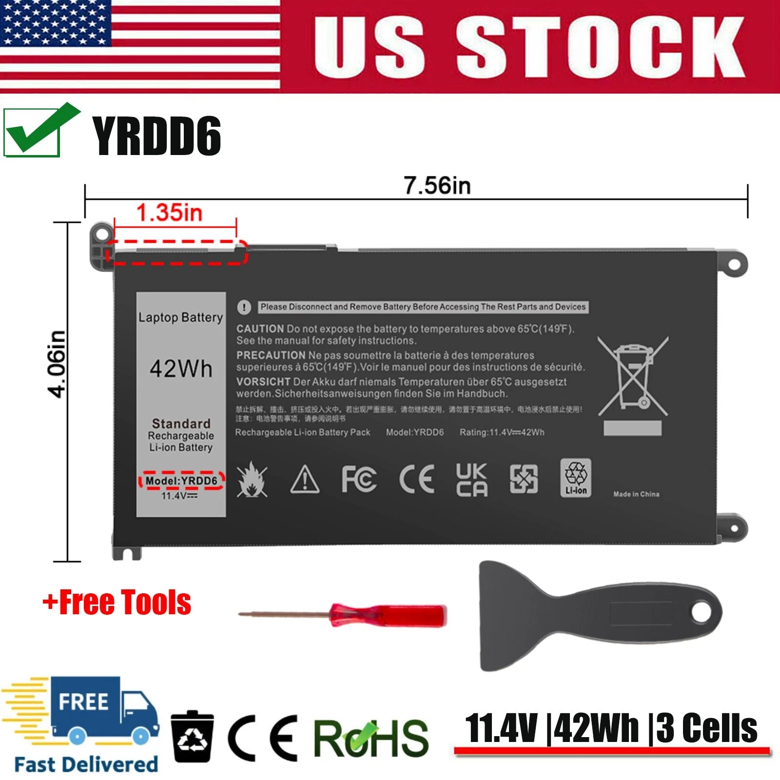 42Wh Battery For Dell Inspiron 14 5000 2-in-1 5480 5482 Type YRDD6 VM732 1VX1H