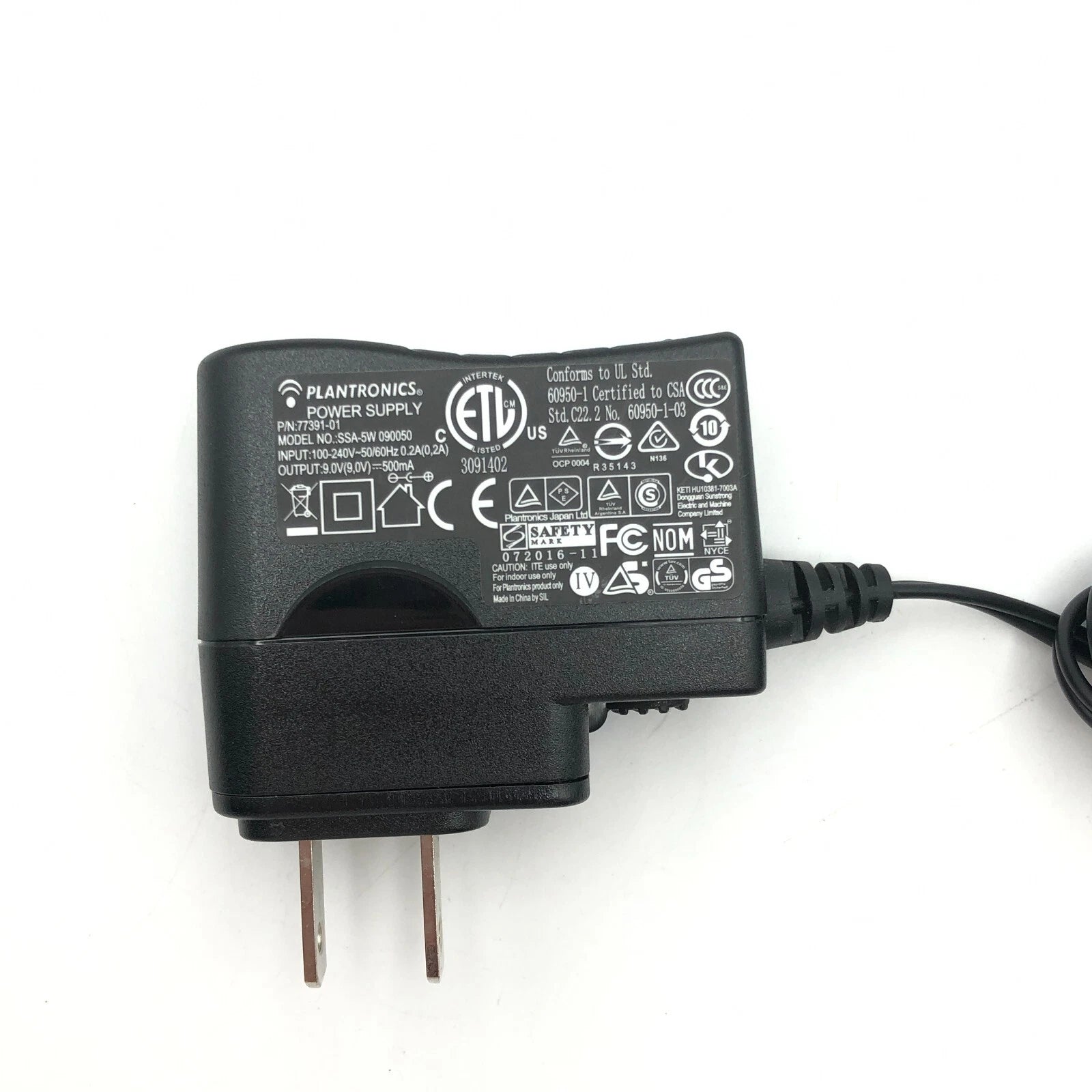 NEW - PLANTRONICS SSC-090050 Power Supply 9V - 500mA OEM AC/DC Adapter 203158-01